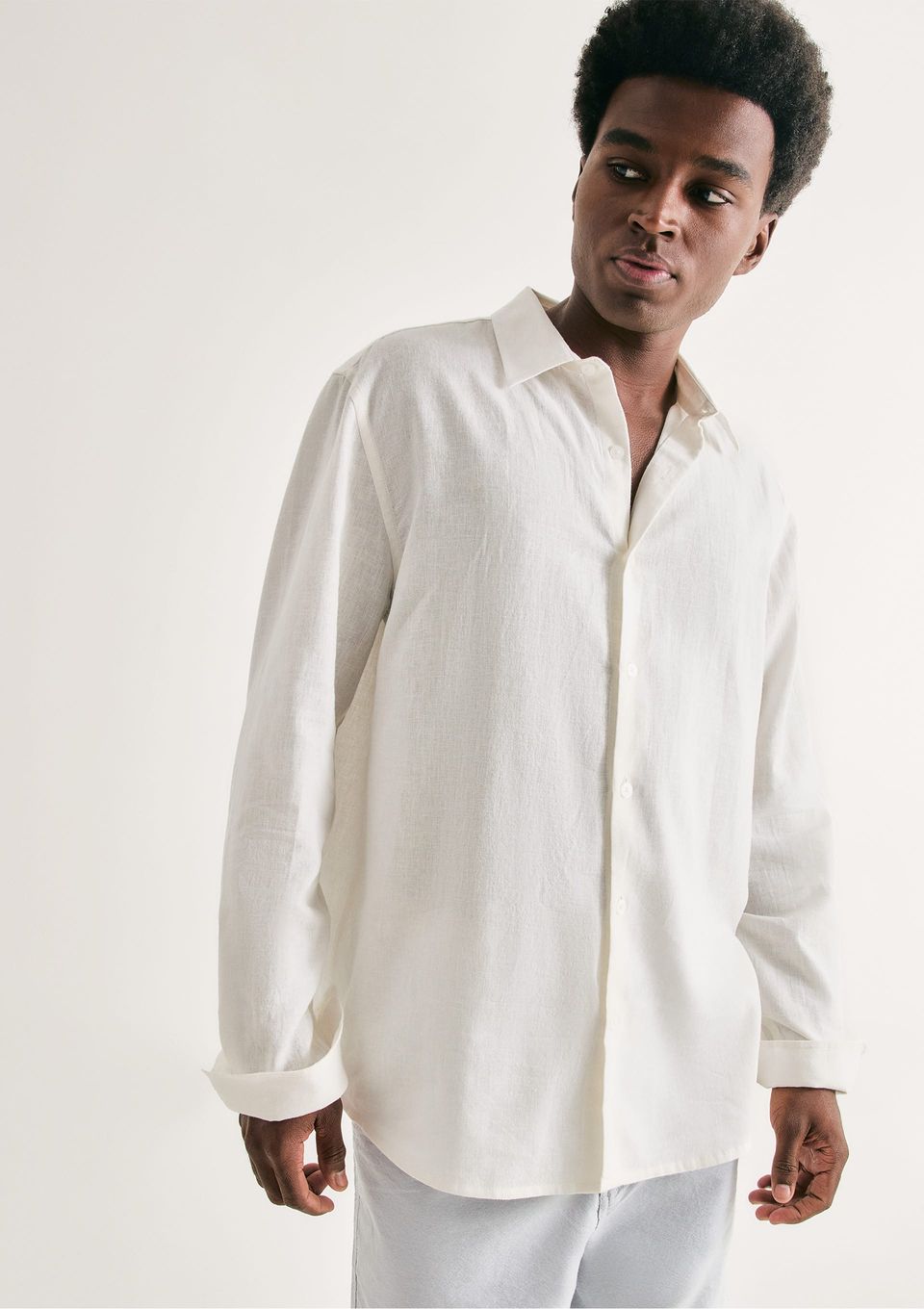 Camisa Masculina Manga Longa Slim com Linho - Branco