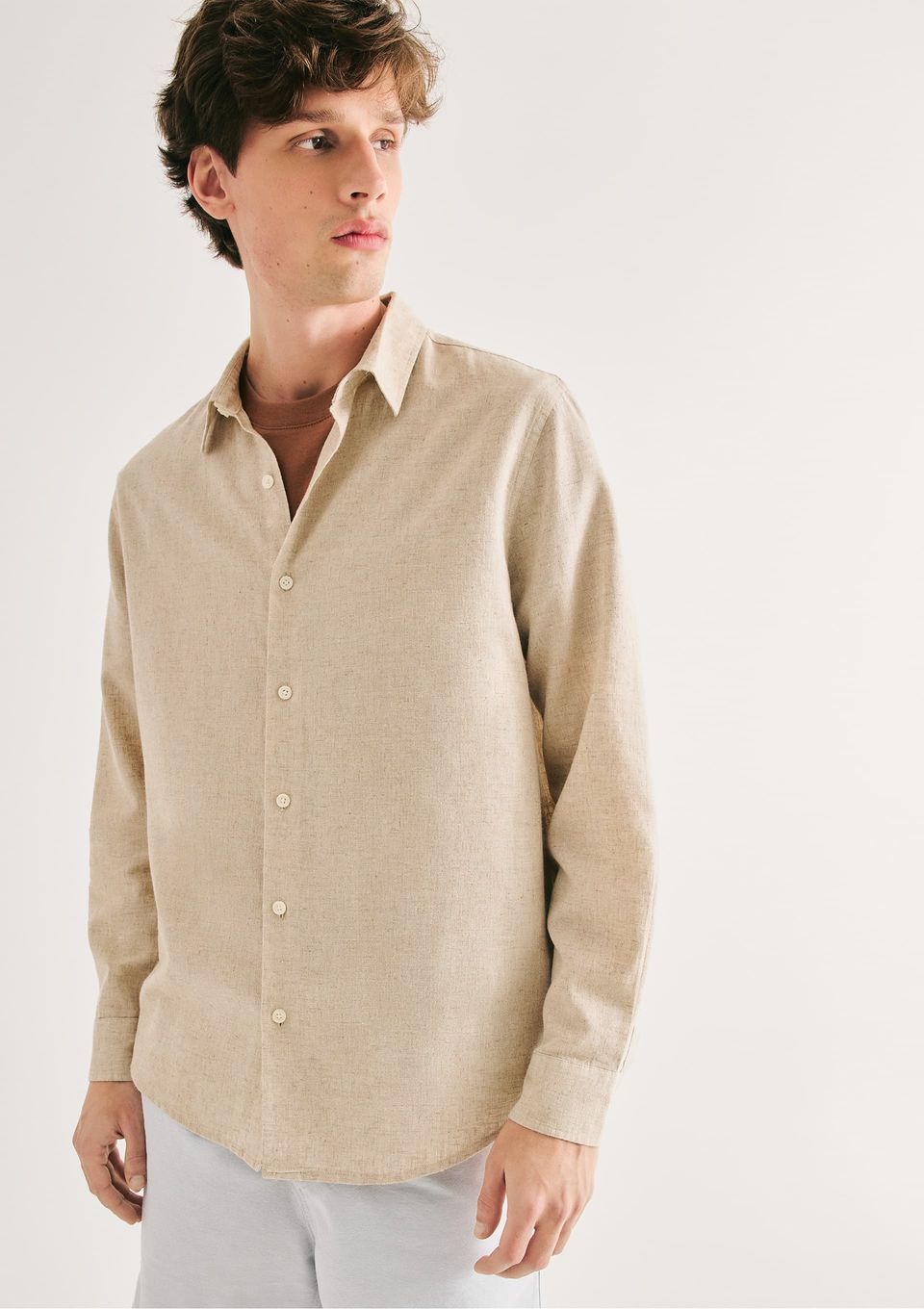 Camisa Masculina Manga Longa Slim com Linho - Off White