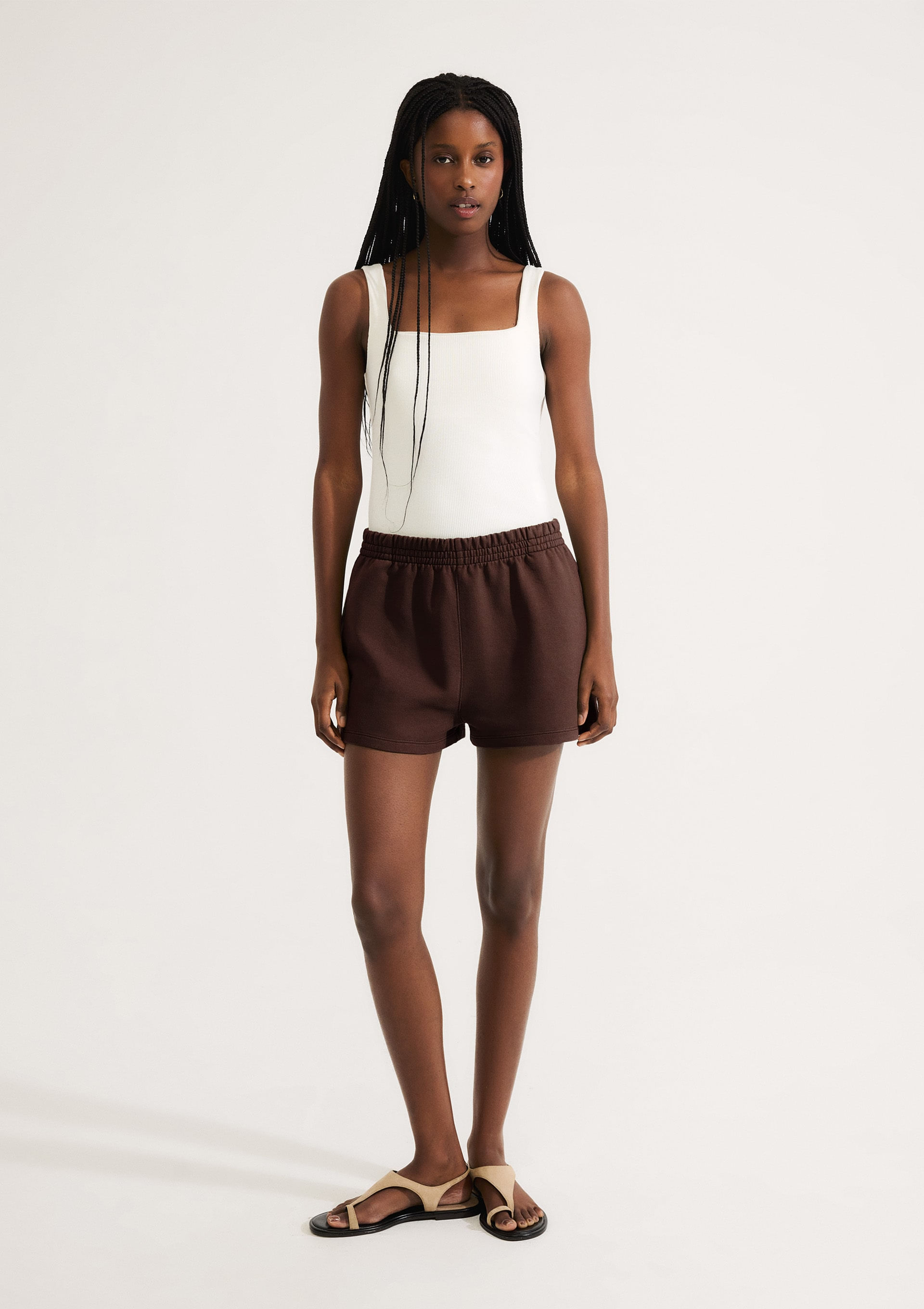 Shorts Feminino Em Malha Binada - Marrom