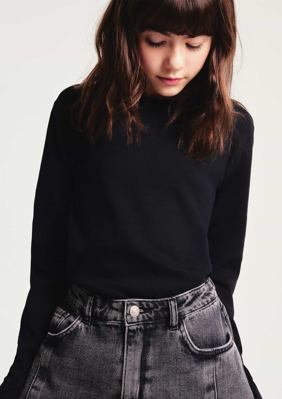 Blusa Infantil Menina Manga Longa em Ribana - Preto