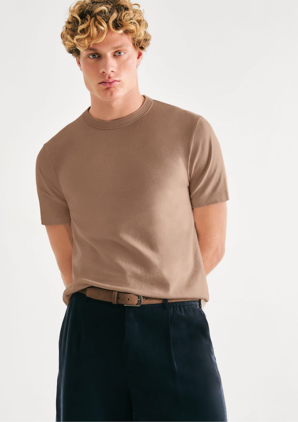 Camiseta Masculina Tricô Manga Curta - Marrom