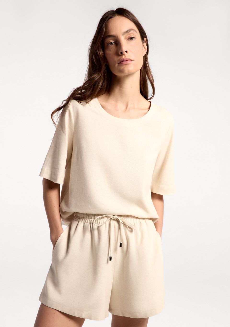 Blusa Feminina Manga Média com Linho - Off White