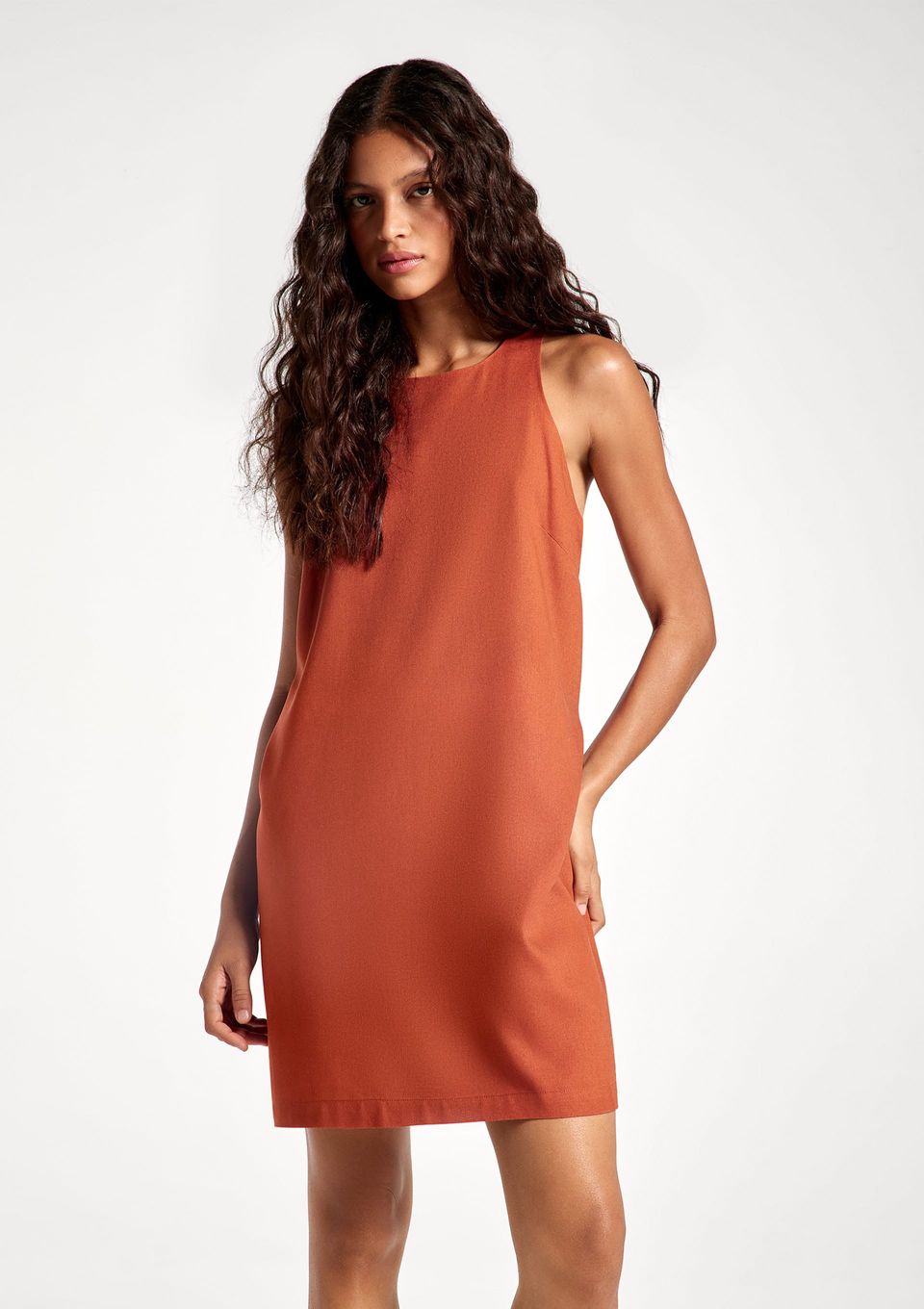 Vestido Curto Evasê com Linho - Terracota