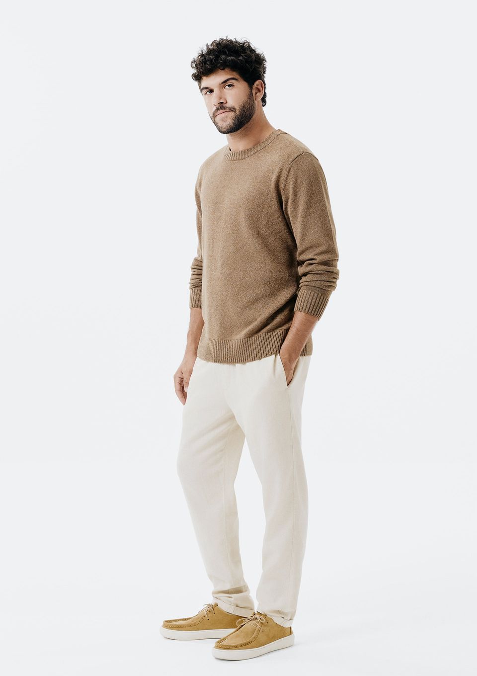 Calça Básica Masculina Taper em Linho - Bege
