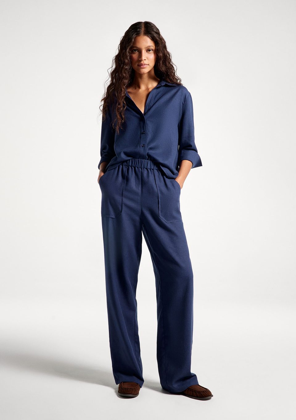 Camisa Feminina Manga 7/8 com Linho - Azul