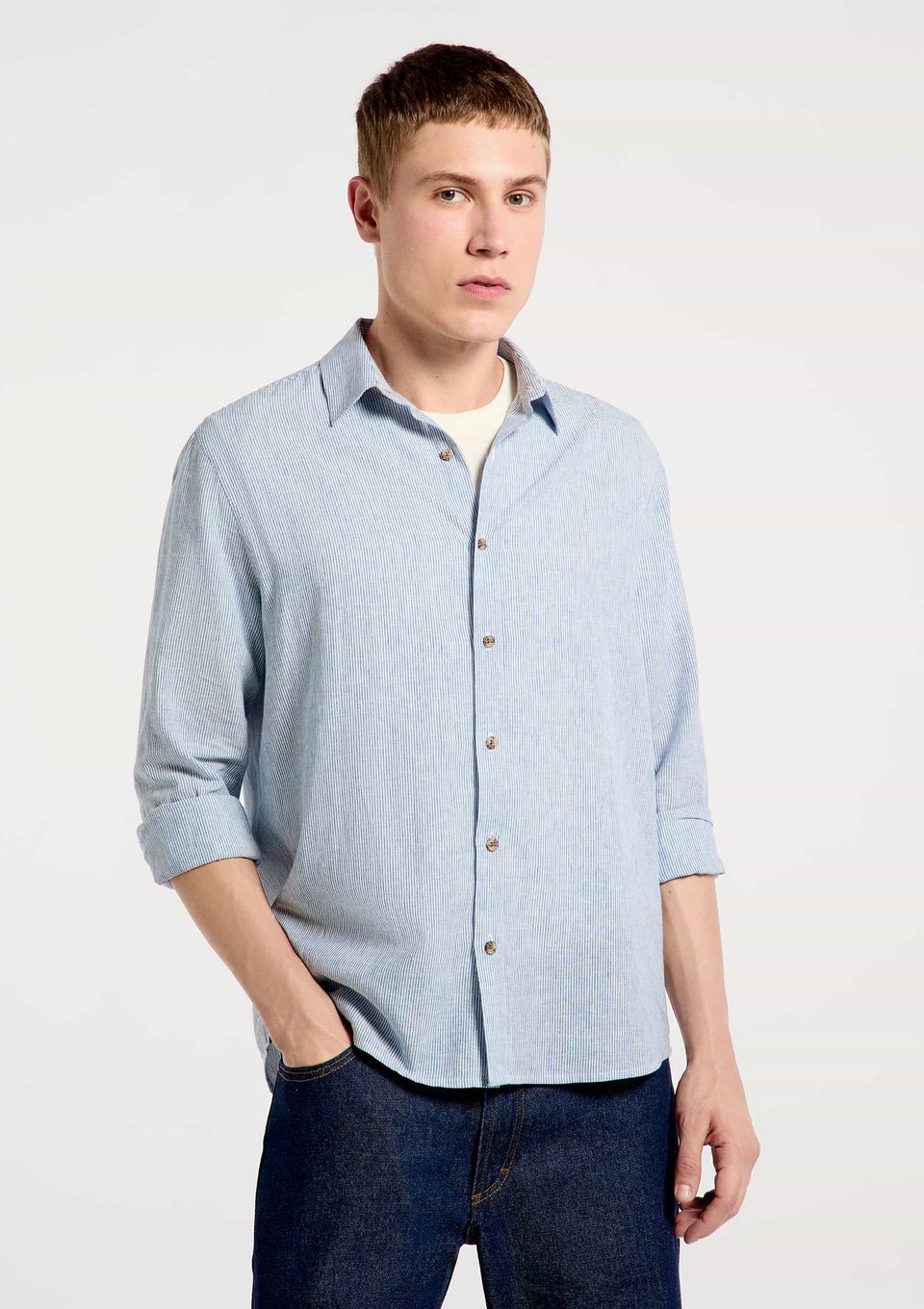 Camisa Masculina Manga Longa Listrada em Linho - Cinza