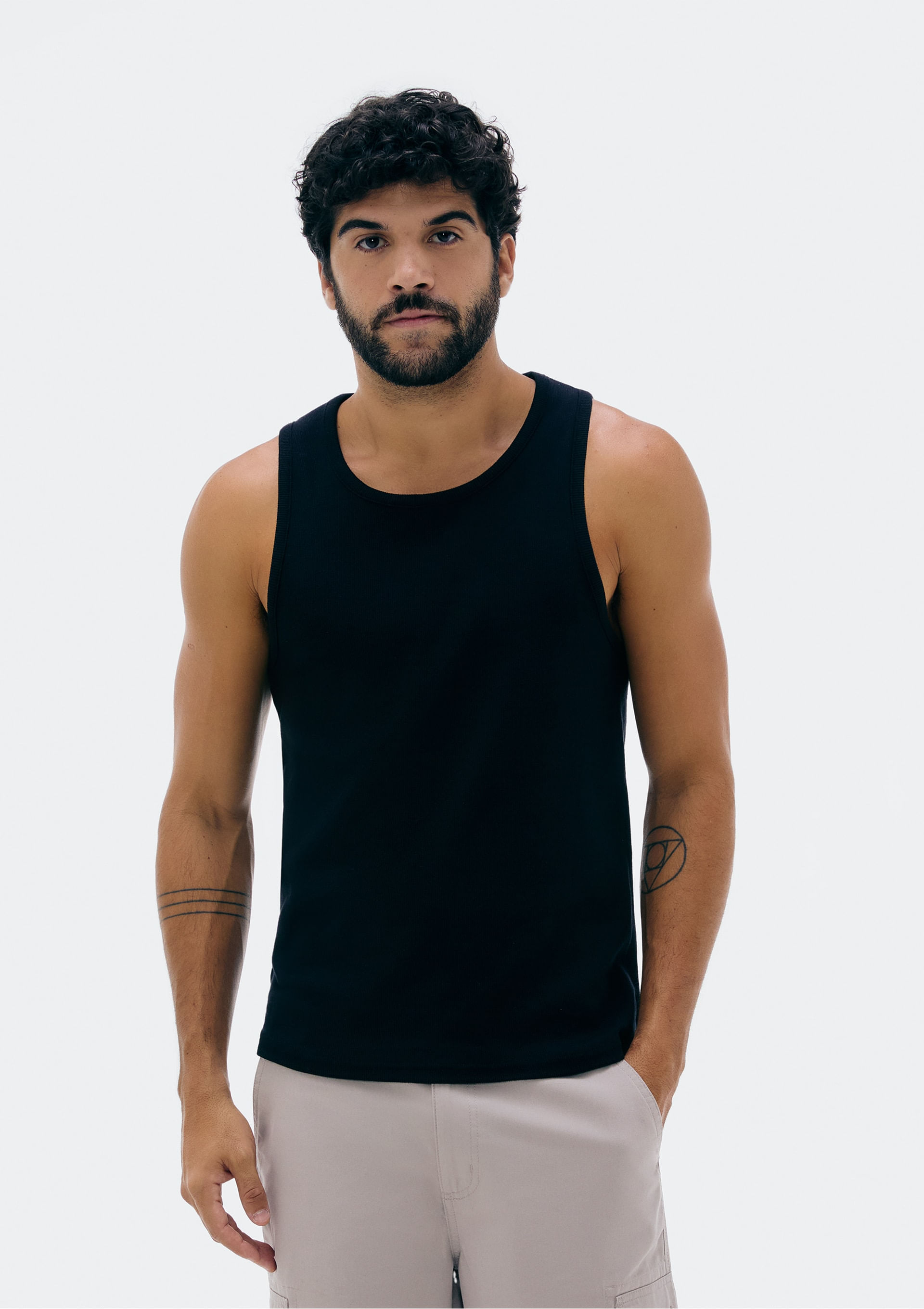 Regata Masculina Regular Em Ribana Canelada - Preto