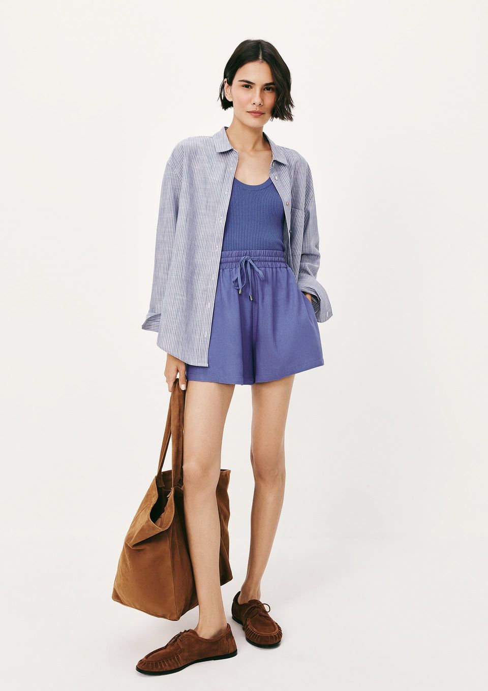 Shorts Feminino Evasê com Linho - Azul
