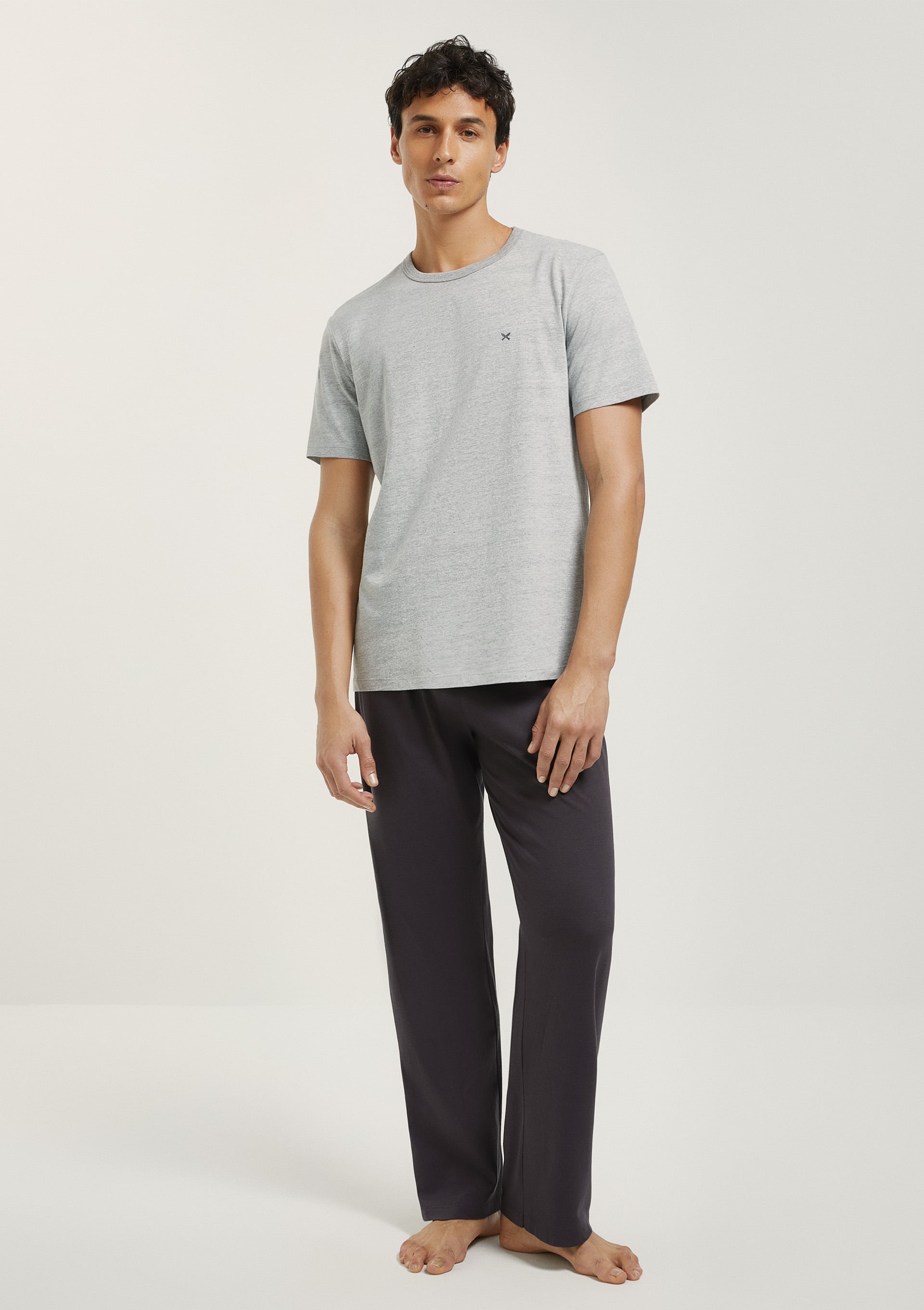 Pijama Longo Masculino Manga Curta Com Bordado - Cinza