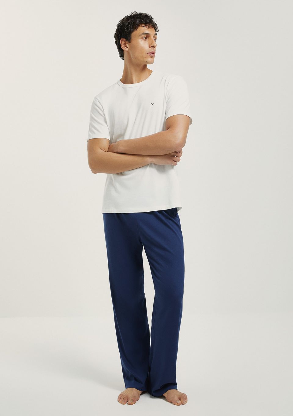 Pijama Longo Masculino Manga Curta com Bordado - Azul