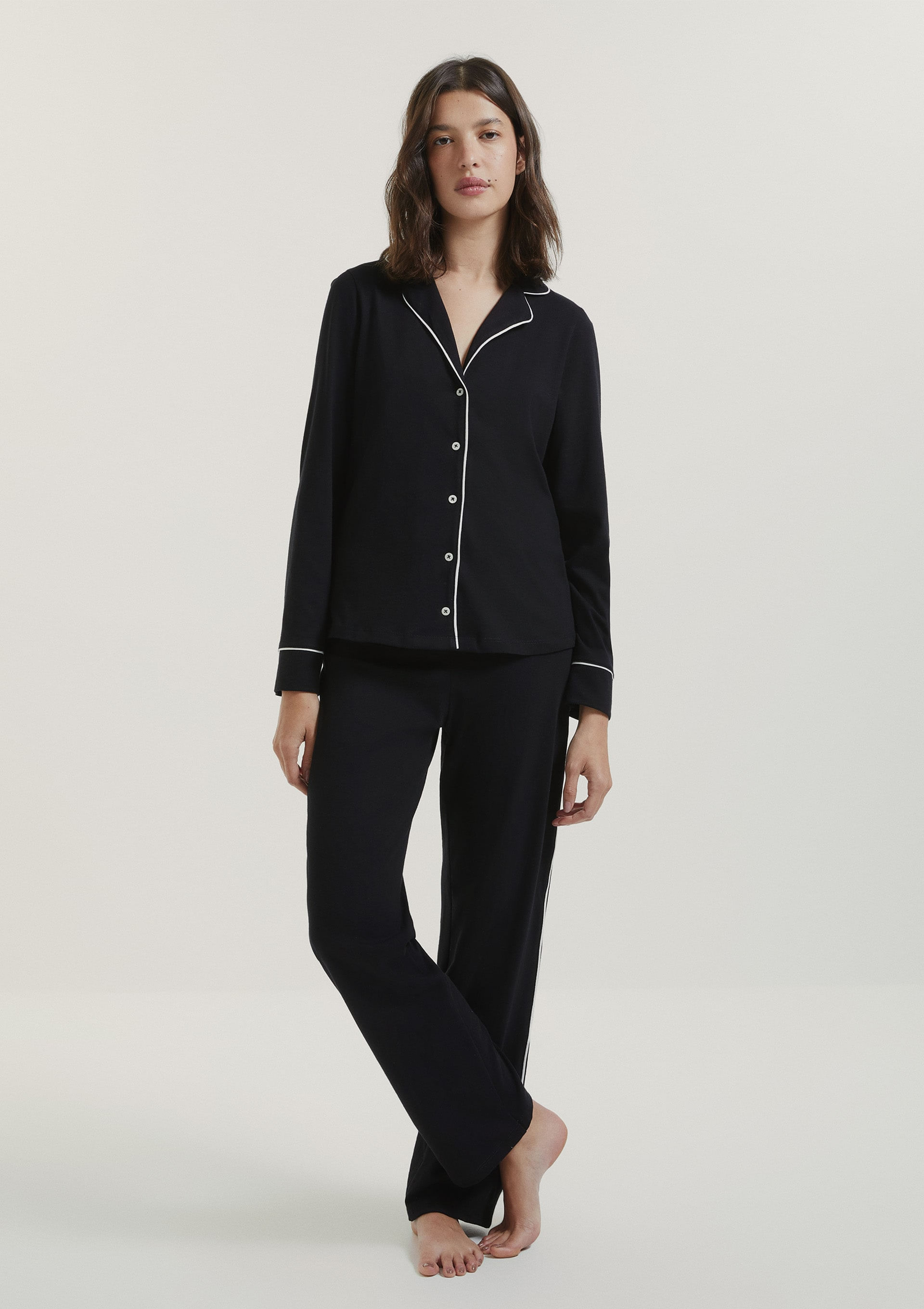 Pijama Longo Feminino Com Botões - Preto