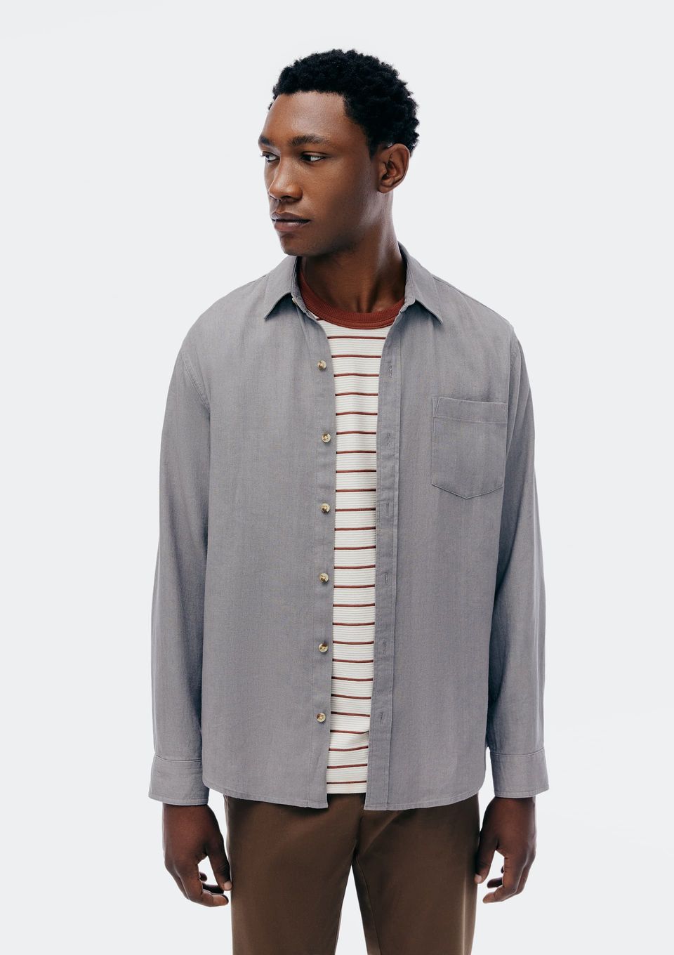 Camisa Básica Masculina Manga Longa Slim em Linho - Cinza