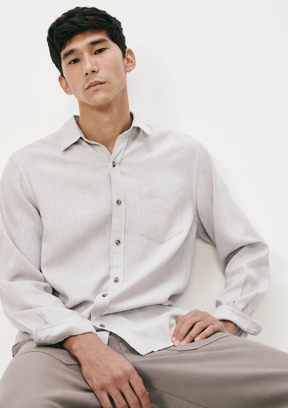Camisa Básica Masculina Manga Longa Slim em Linho - Cinza