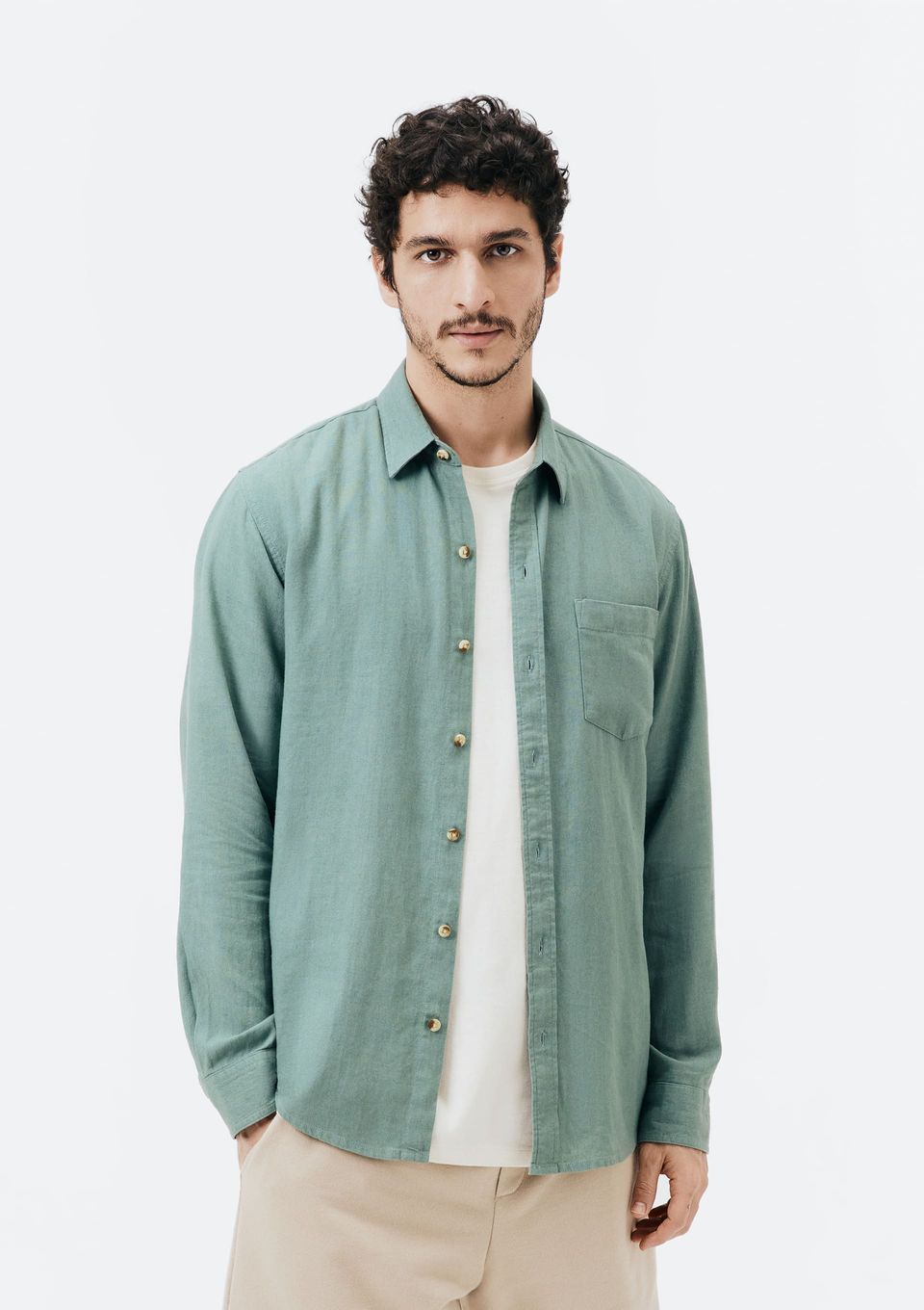 Camisa Básica Masculina Manga Longa Slim em Linho - Verde