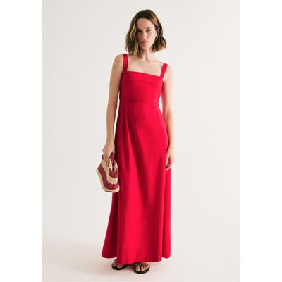 Vestido Midi Evasê Alças Médias Rústico Com Linho - Vermelho