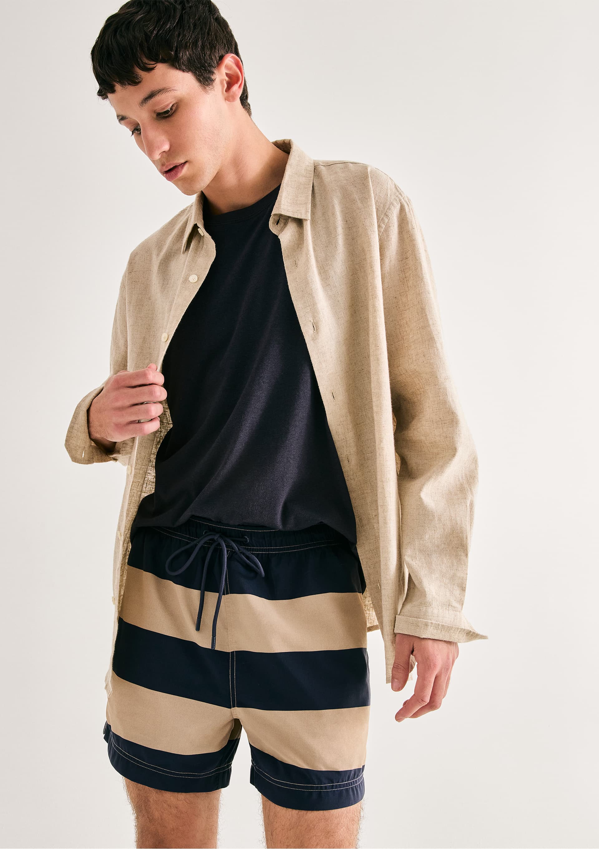 Shorts De Banho Masculino Listrado - Caqui