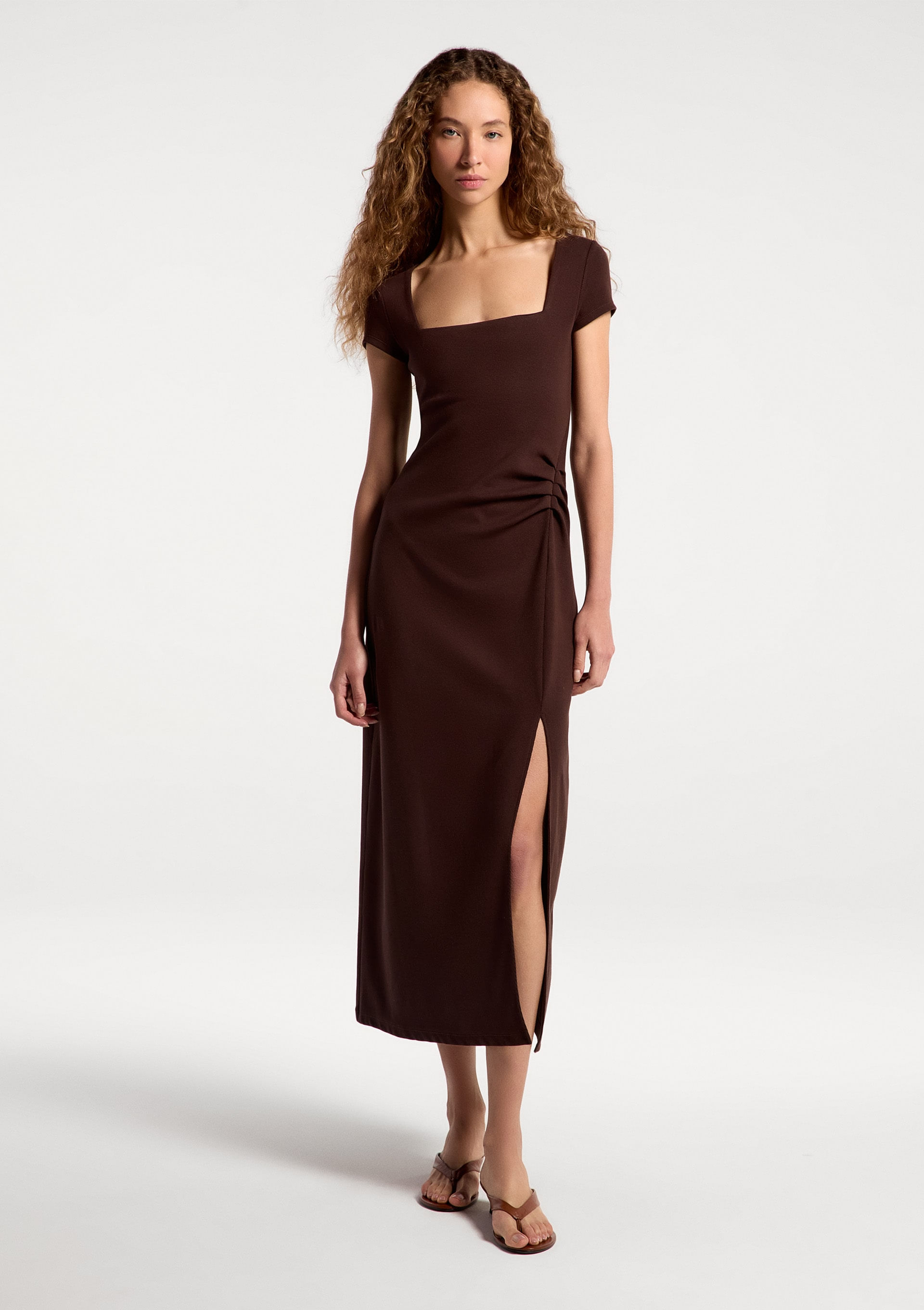 Vestido Midi Em Ribana Ultra Soft - Marrom