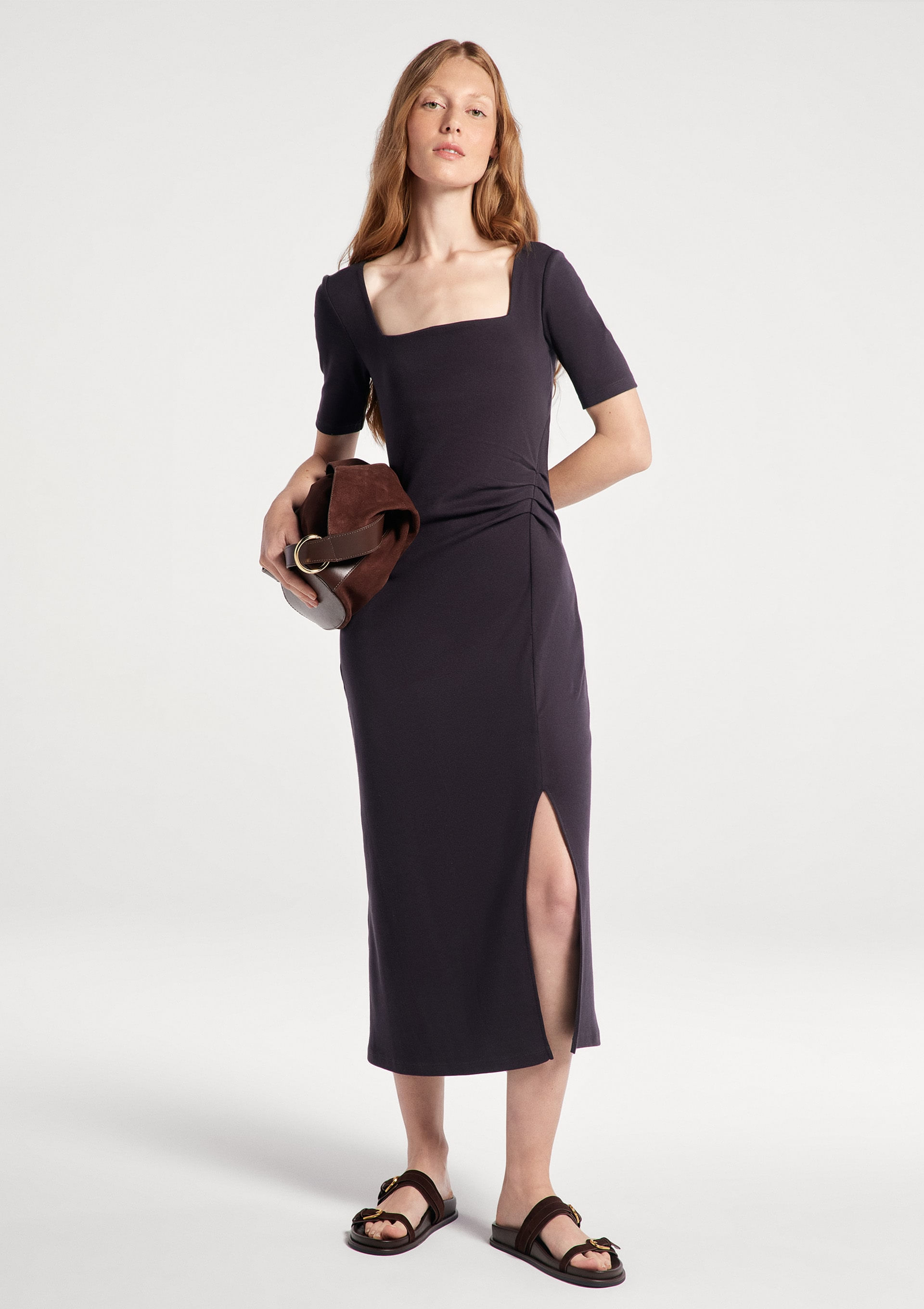 Vestido Midi Em Ribana Ultra Soft - Cinza