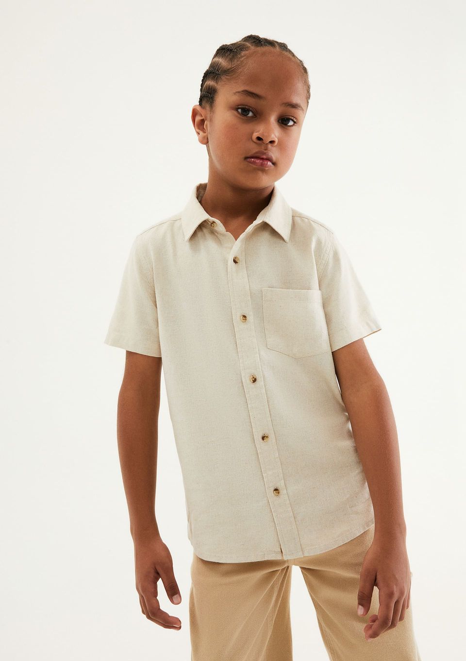 Camisa Infantil Menino Manga Curta com Linho - Bege
