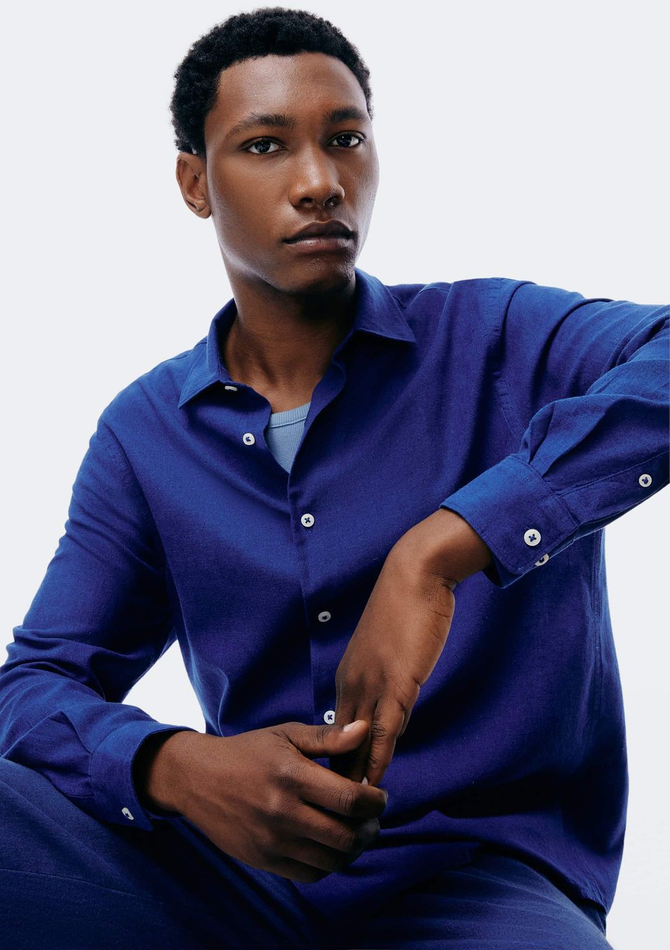 Camisa Masculina Manga Longa Slim com Linho - Azul