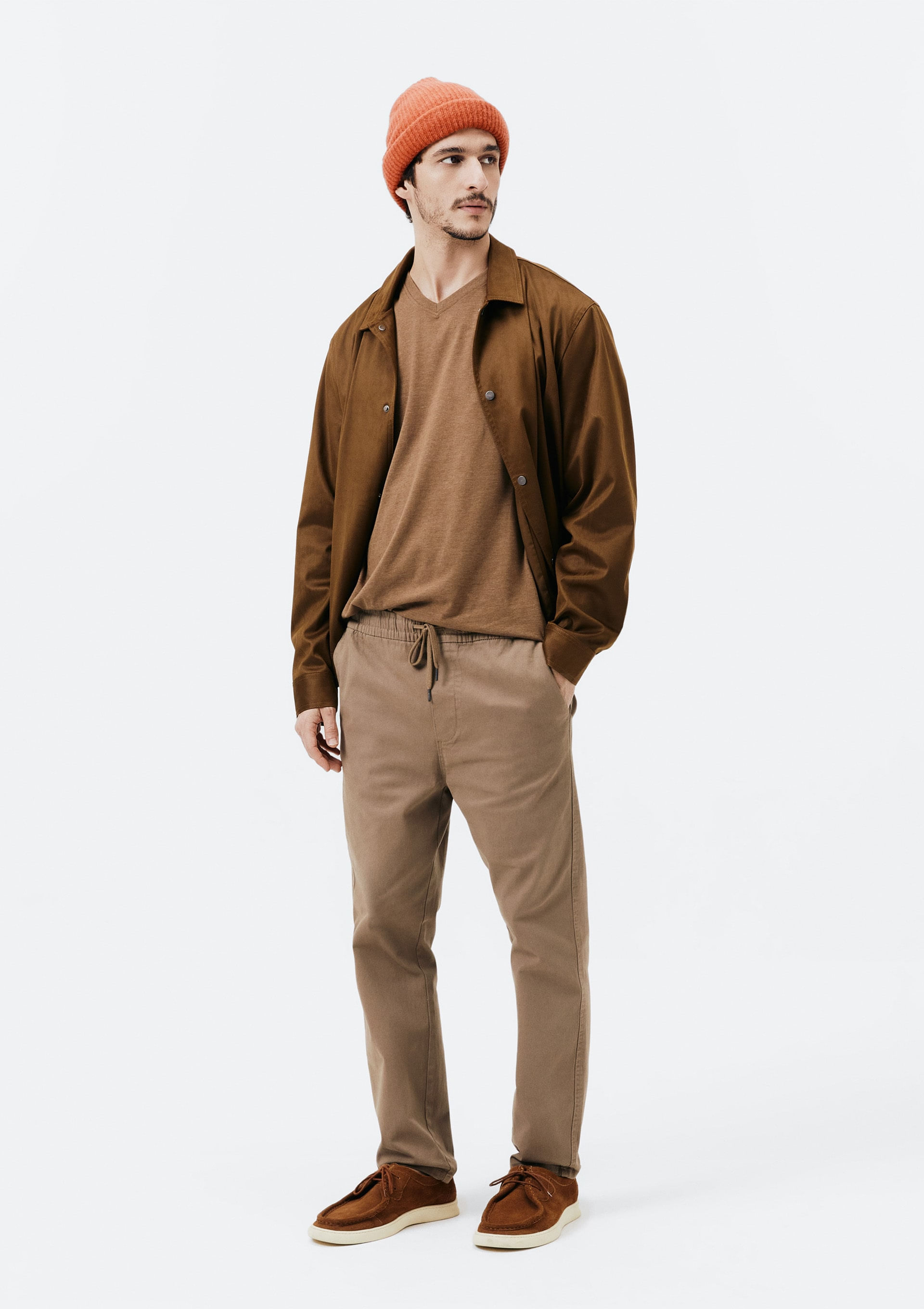 Calça Básica Masculina Jogger Em Sarja Com Elastano - Marrom
