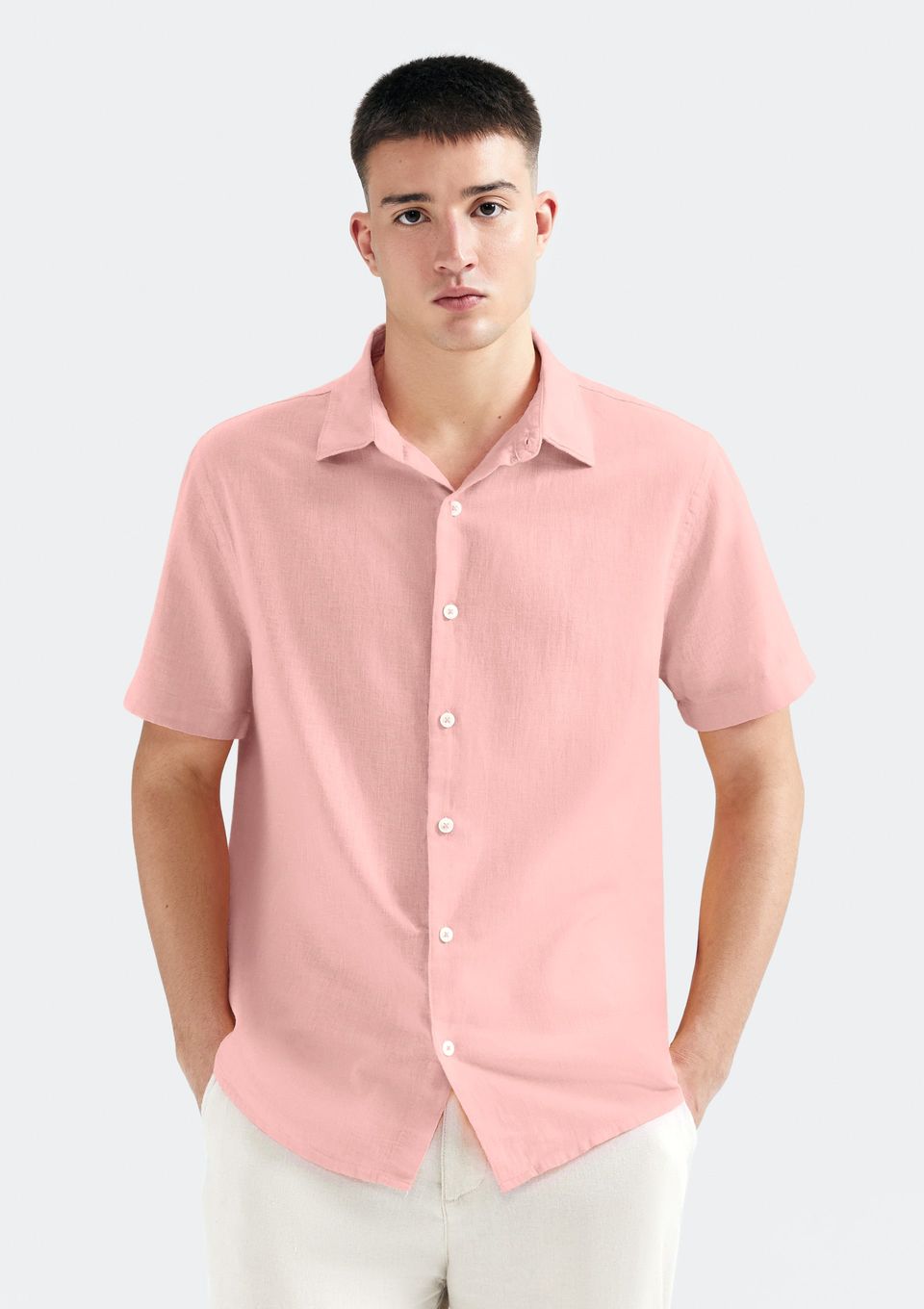 Camisa Masculina Manga Curta Slim com Linho - Rosa