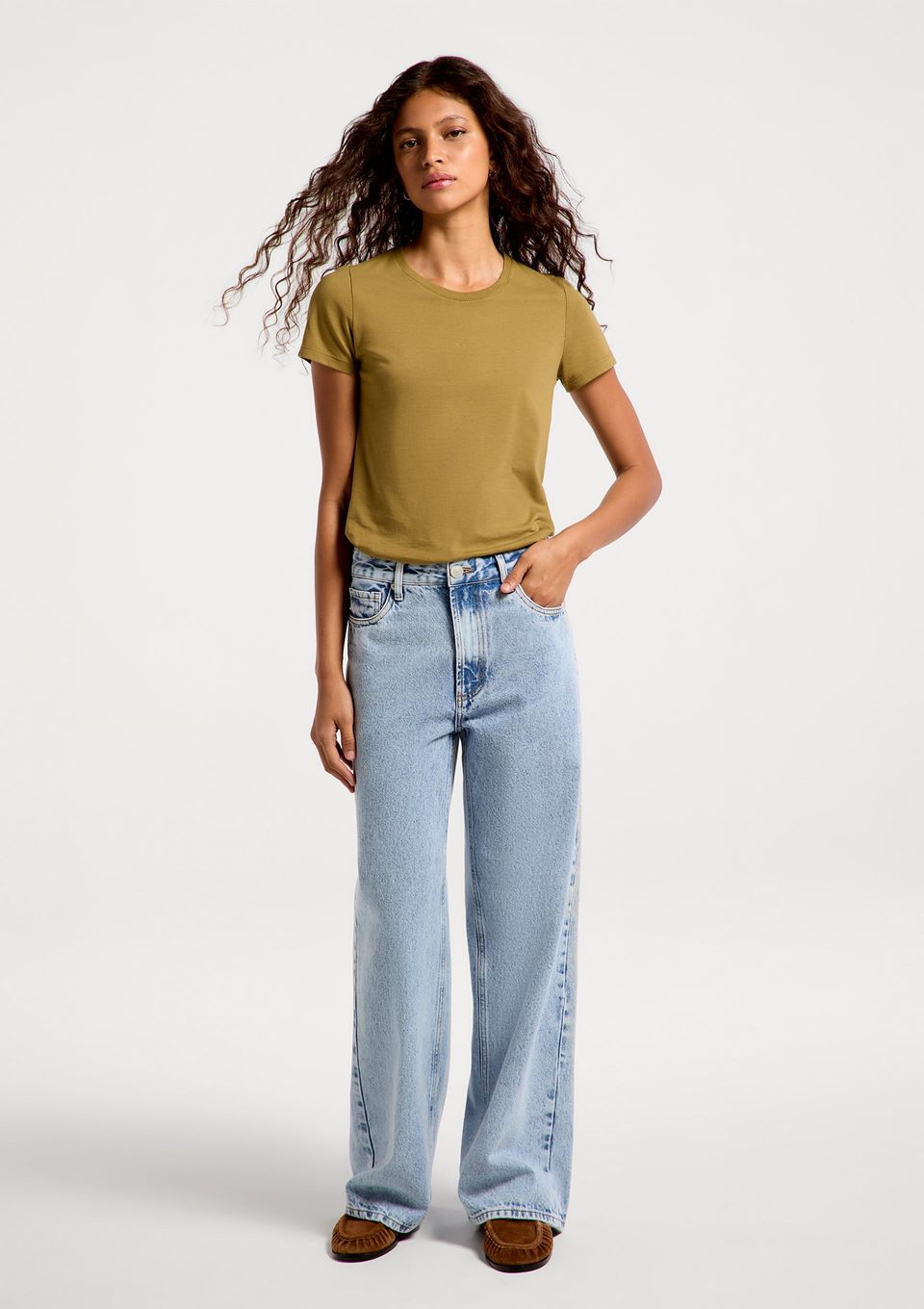 Calça Jeans Feminina Wide Leg Cintura Média - Azul