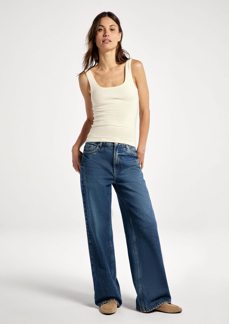 Calça Jeans Feminina Wide Leg Cintura Média - Azul