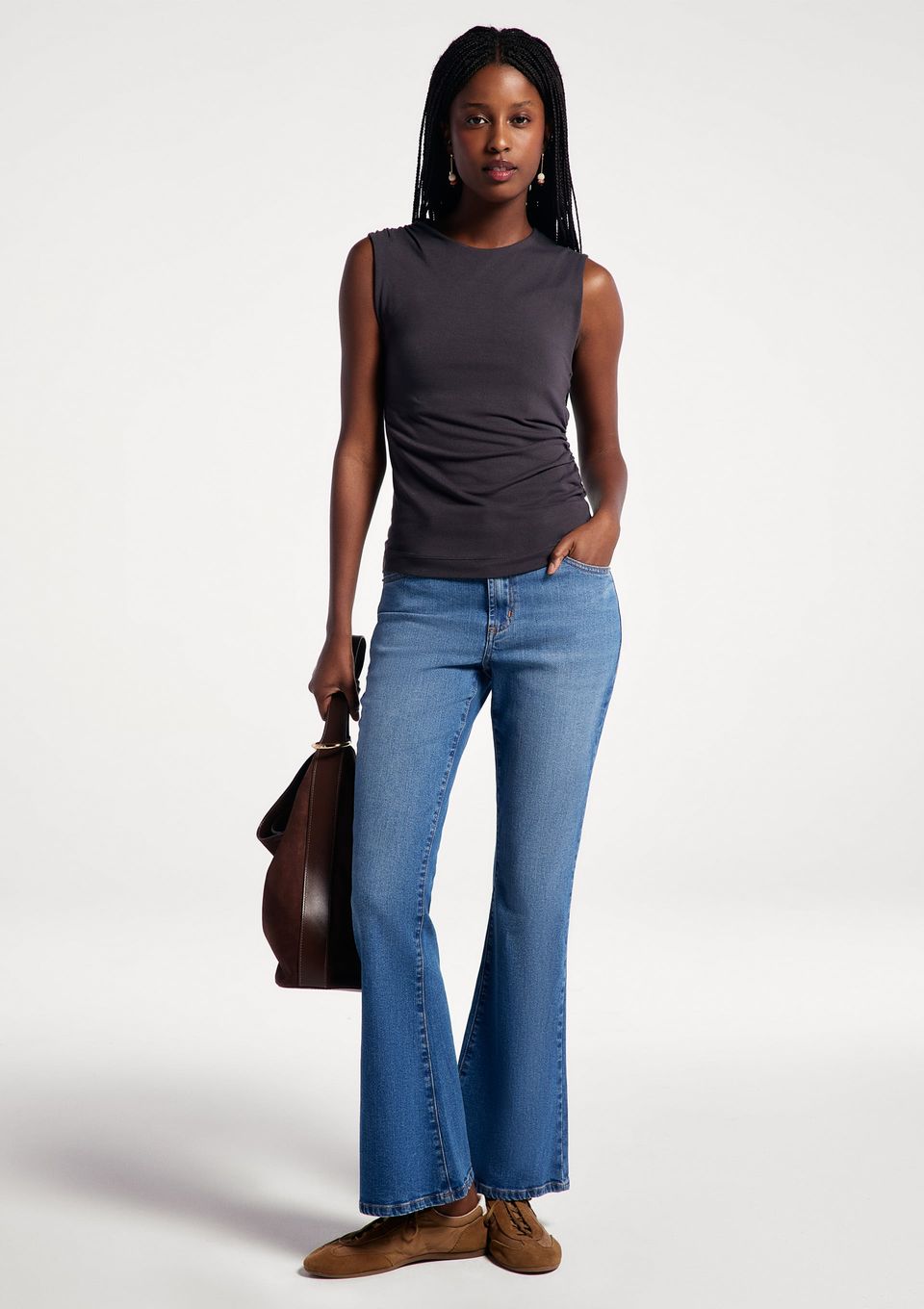 Calça Jeans Básica Feminina Cintura Média Flare Petit - Azul