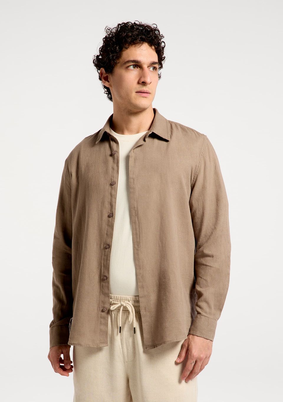 Camisa Masculina Manga Longa Slim com Linho - Marrom