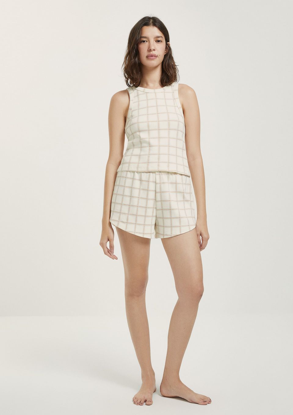 Pijama Curto Feminino Estampado em Ribana - Creme