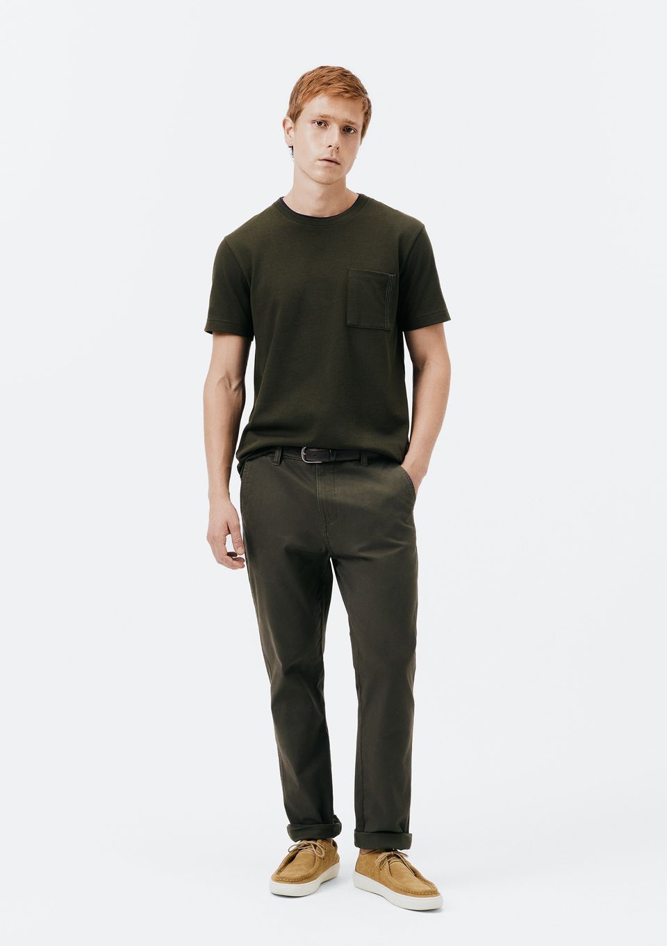 Calça Básica Masculina Chino Slim em Sarja com Elastano - Verde