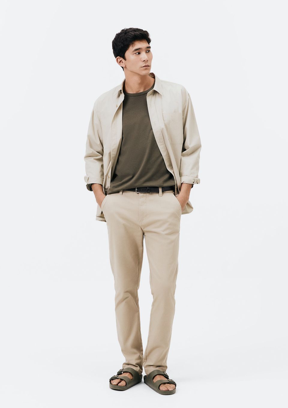 Calça Básica Masculina Chino Slim em Sarja com Elastano - Bege