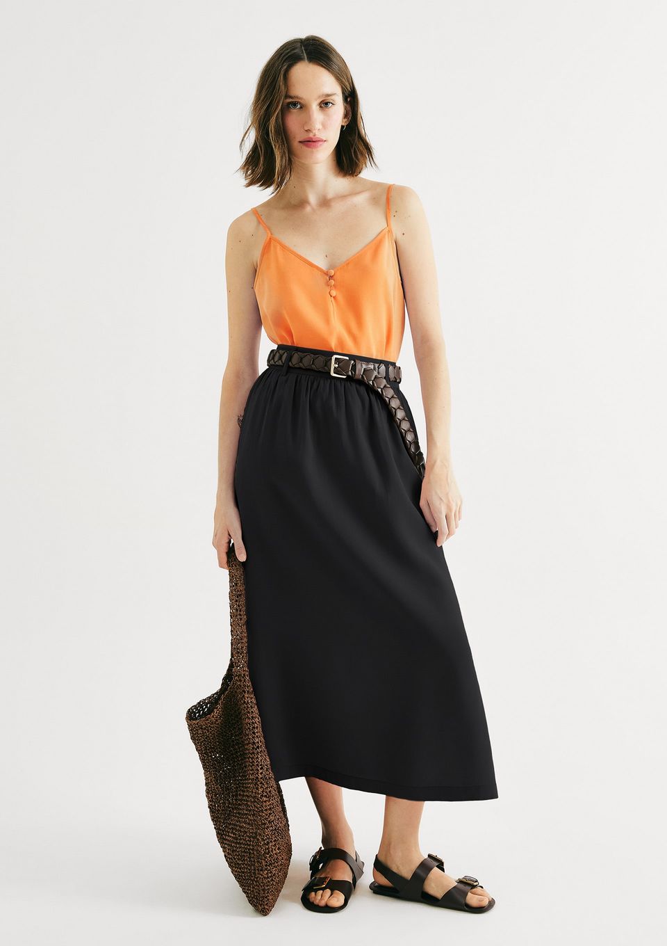 Saia Midi Cintura Média em Peach Touch - Preto
