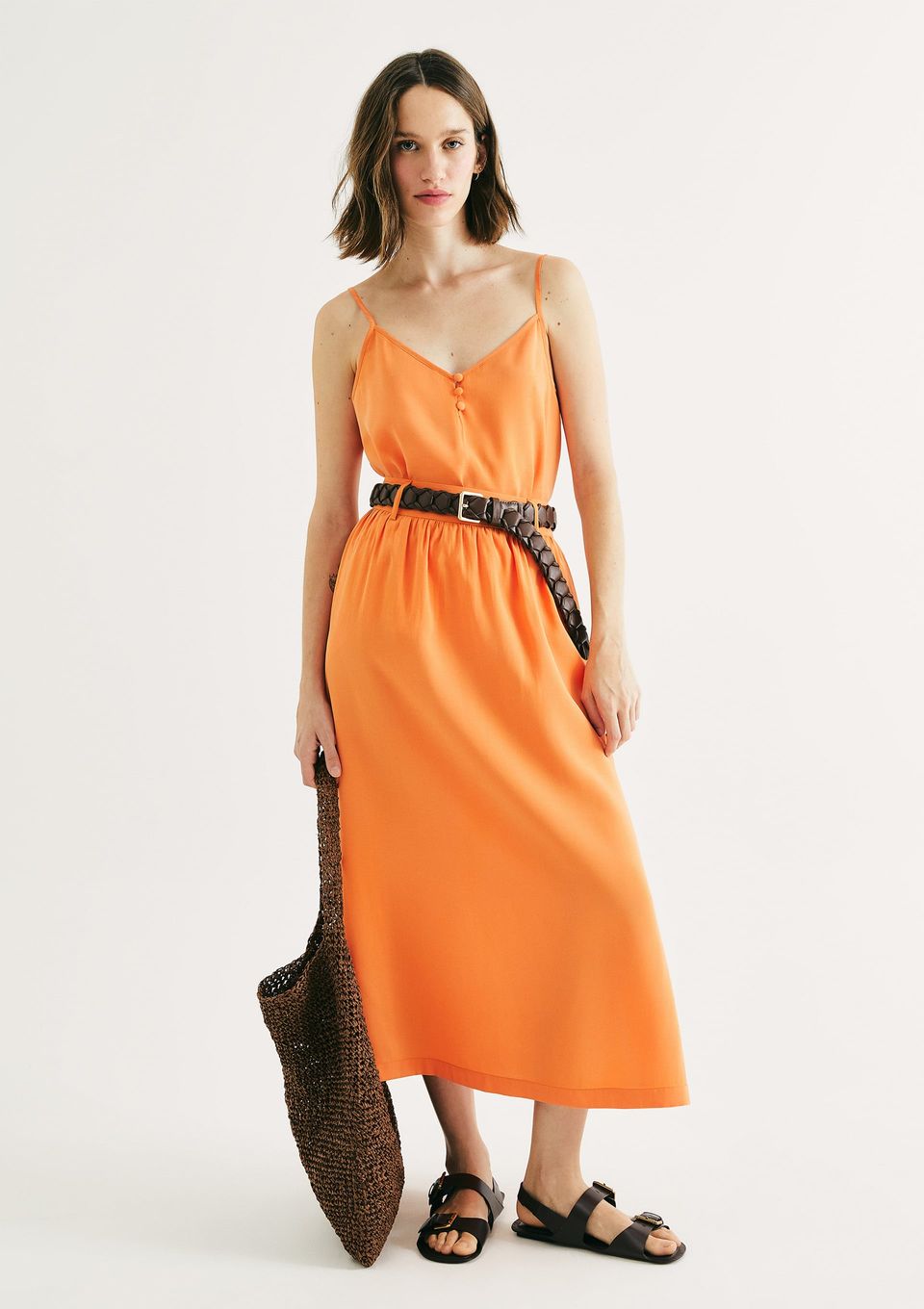 Saia Midi Cintura Média em Peach Touch - Laranja