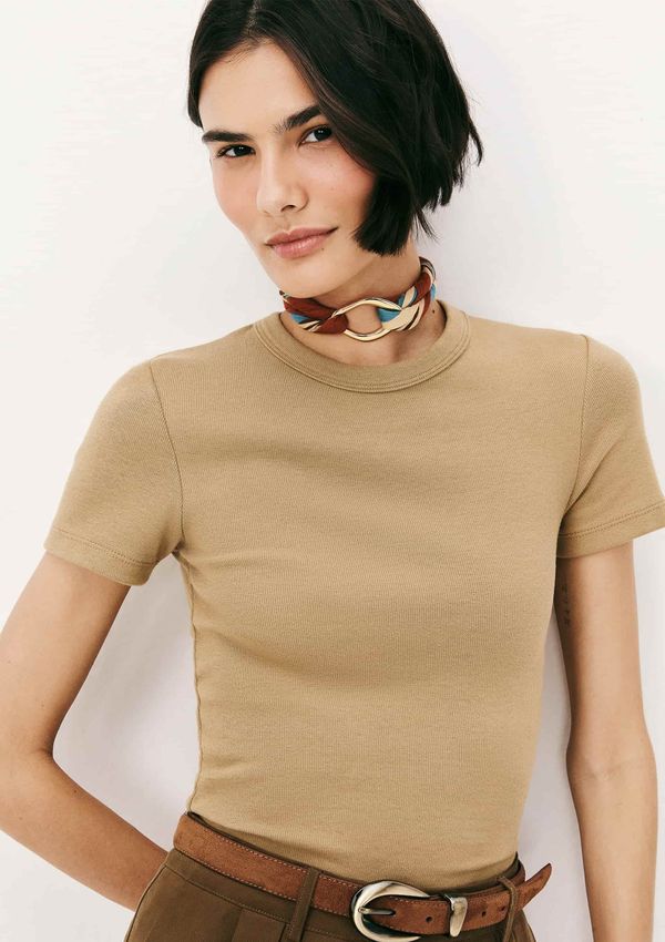 Blusa Feminina Manga Curta Slim Em Ribana - Caqui P