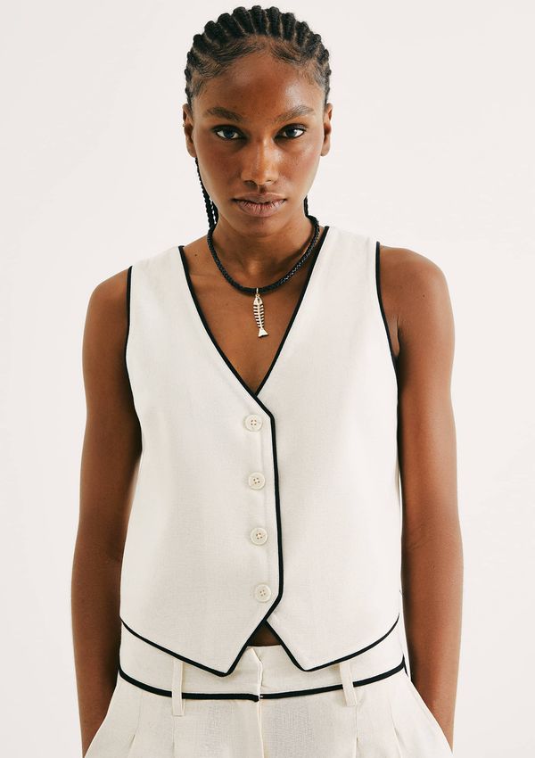 Colete Feminino Decote V Com Linho - Off white XP
