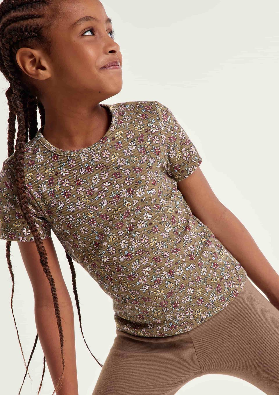 Blusa Infantil Menina Manga Curta em Ribana Estampada - Caqui
