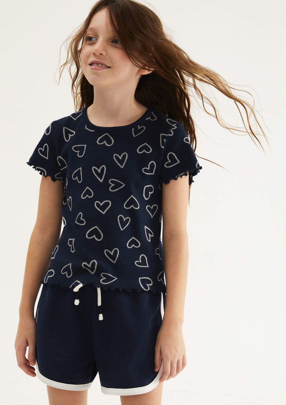 Blusa Infantil Menina Manga Curta em Ribana Estampada - Azul