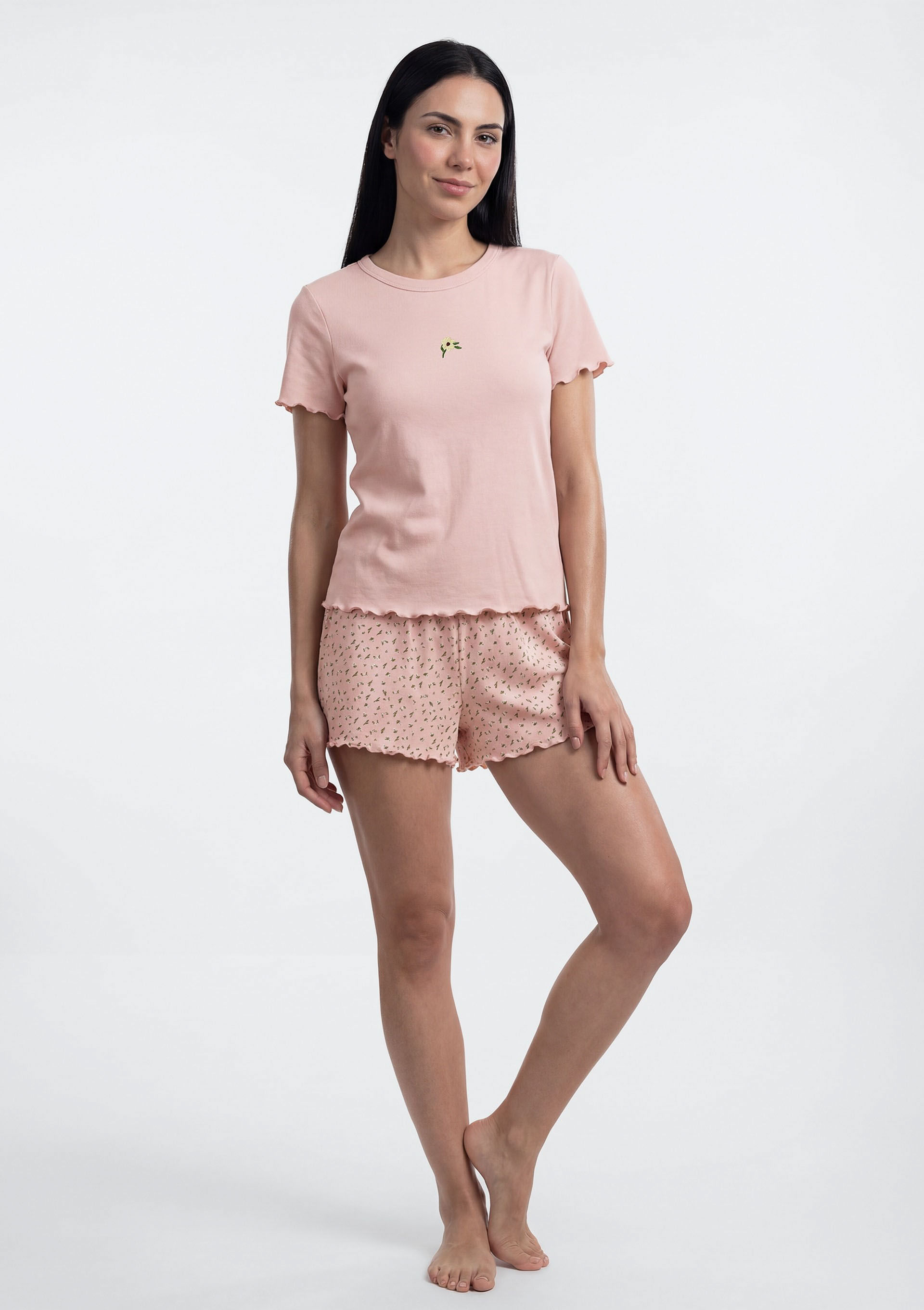 Pijama Curto Feminino Estampado Com Frufru - Rosa