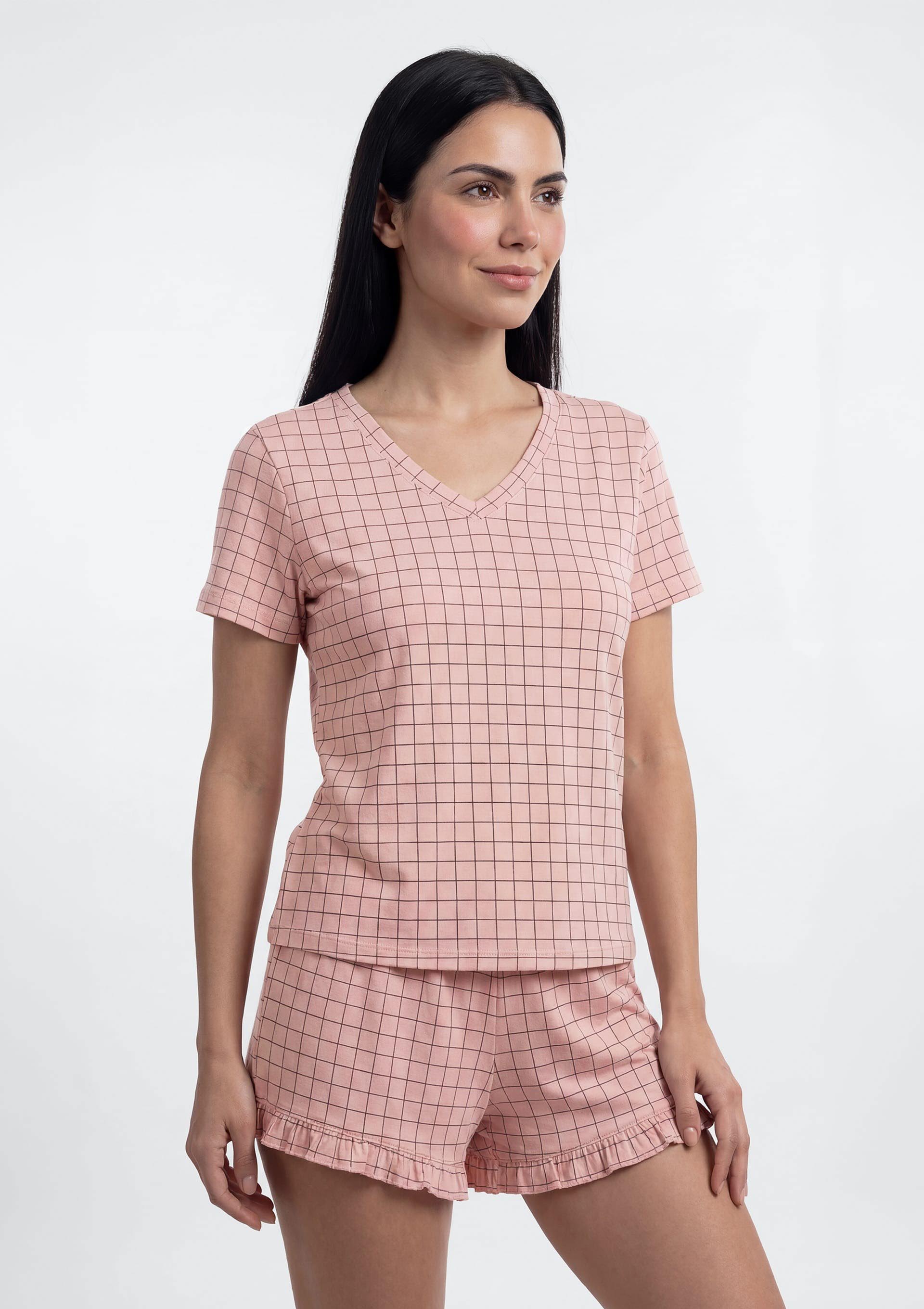Pijama Curto Feminino Estampado Decote V - Rosa
