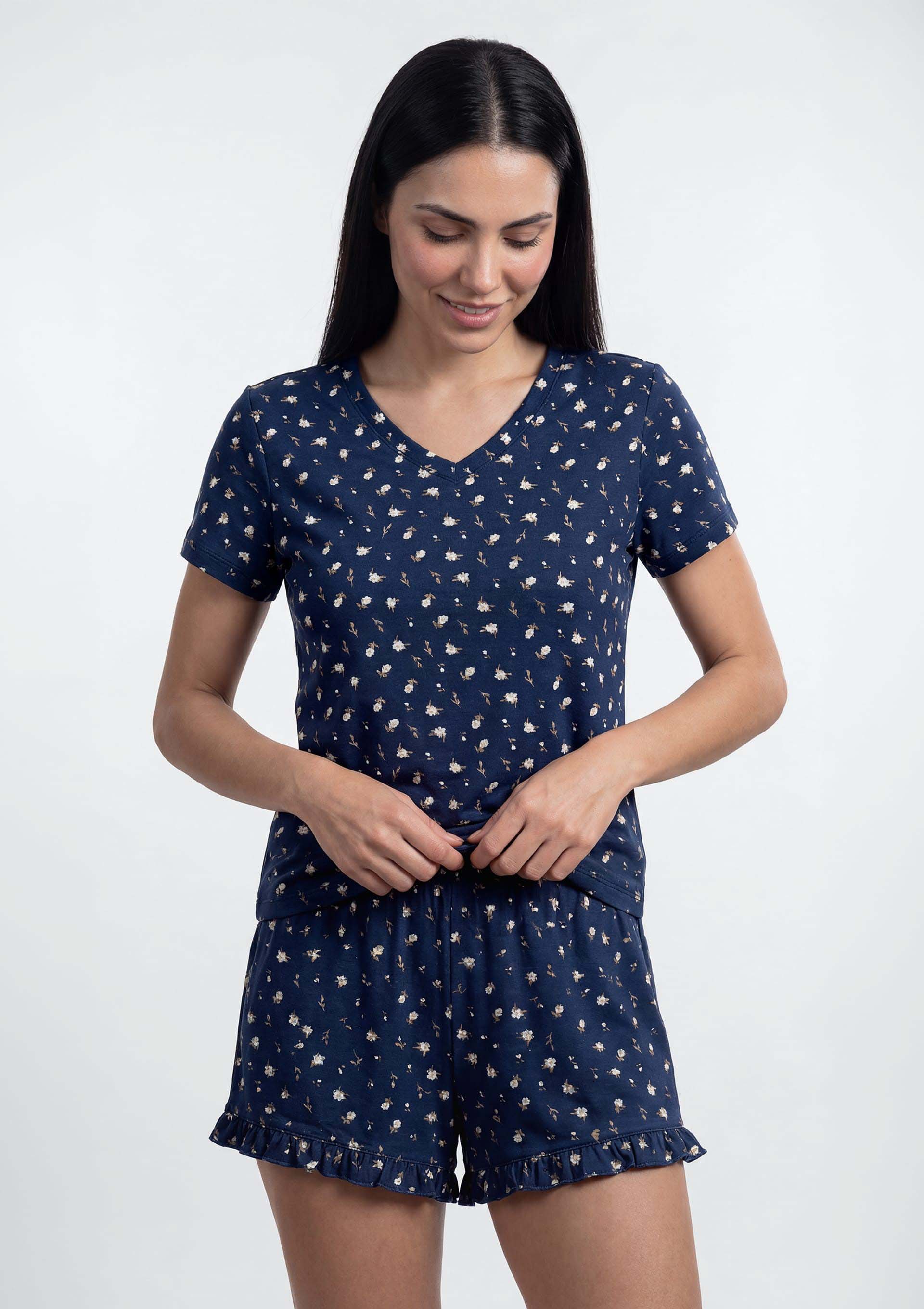 Pijama Curto Feminino Estampado Decote V - Azul