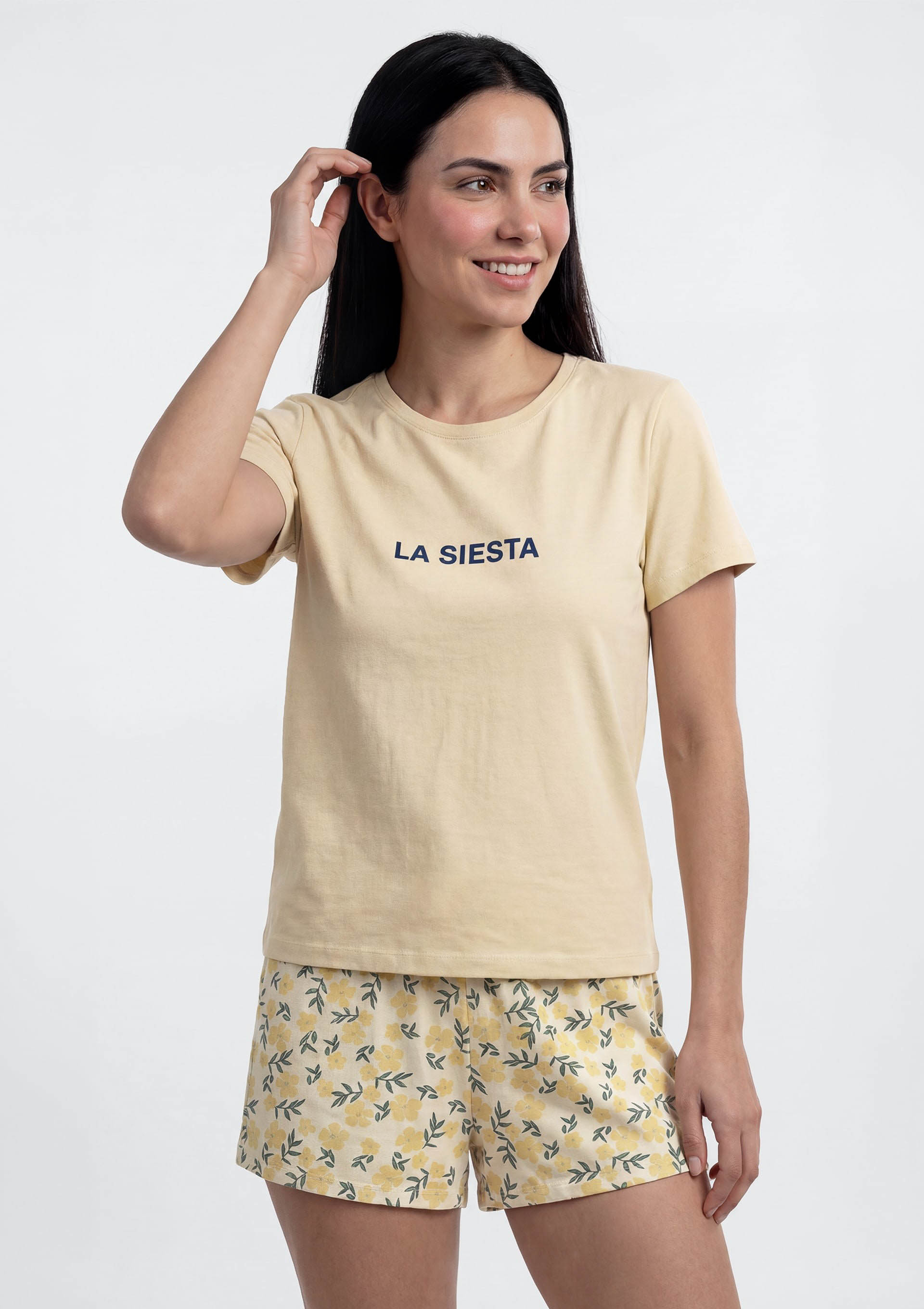 Pijama Curto Feminino Estampado - Creme