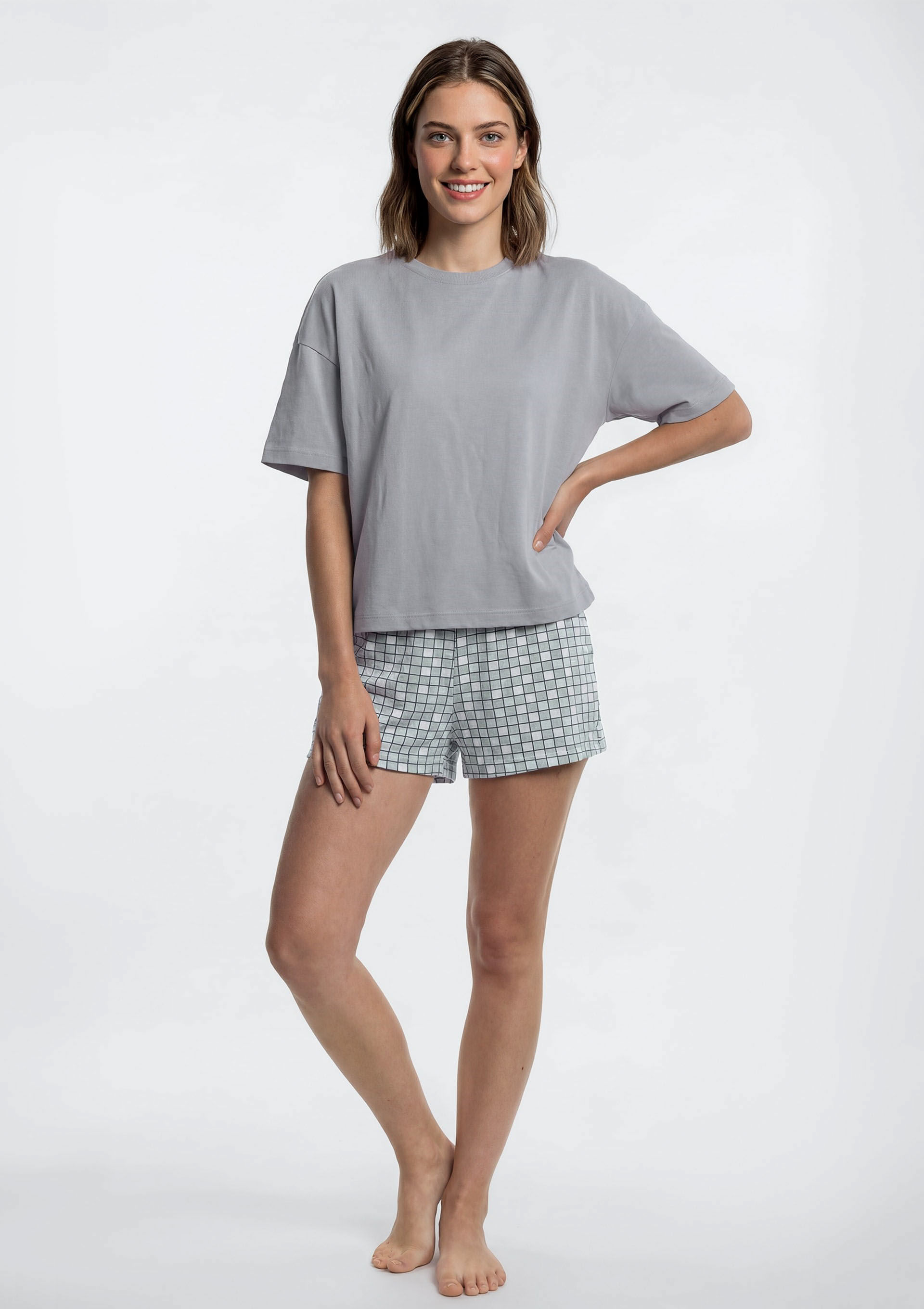 Pijama Curto Feminino Box Estampado - Cinza