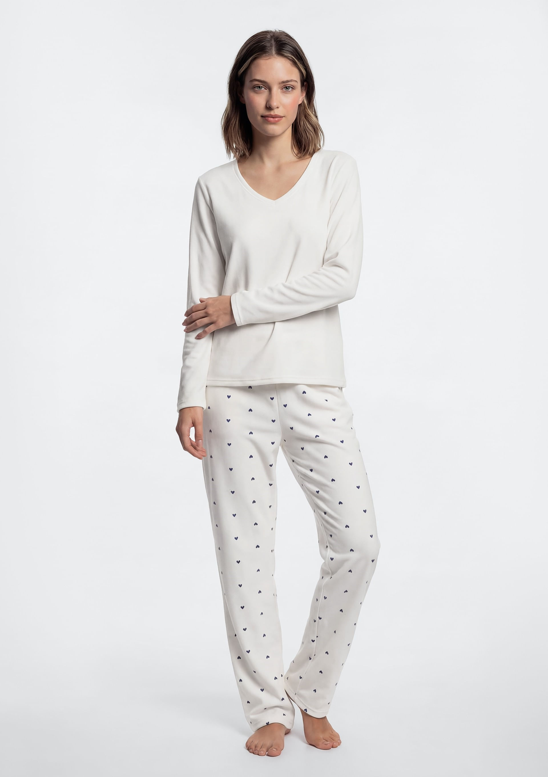 Pijama Longo Feminino Estampado Em Plush - Off white