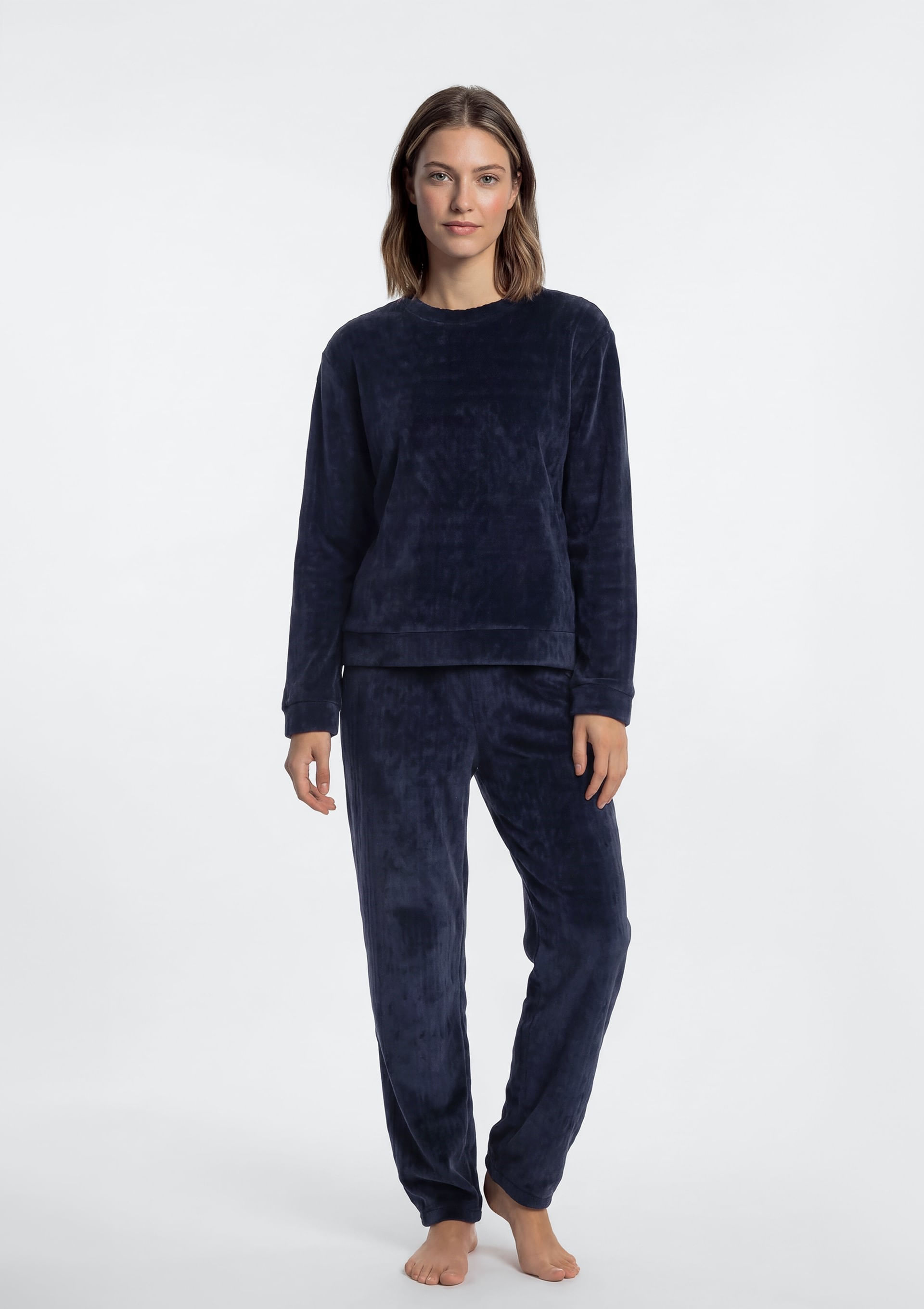 Pijama Longo Feminino Em Fleece - Azul