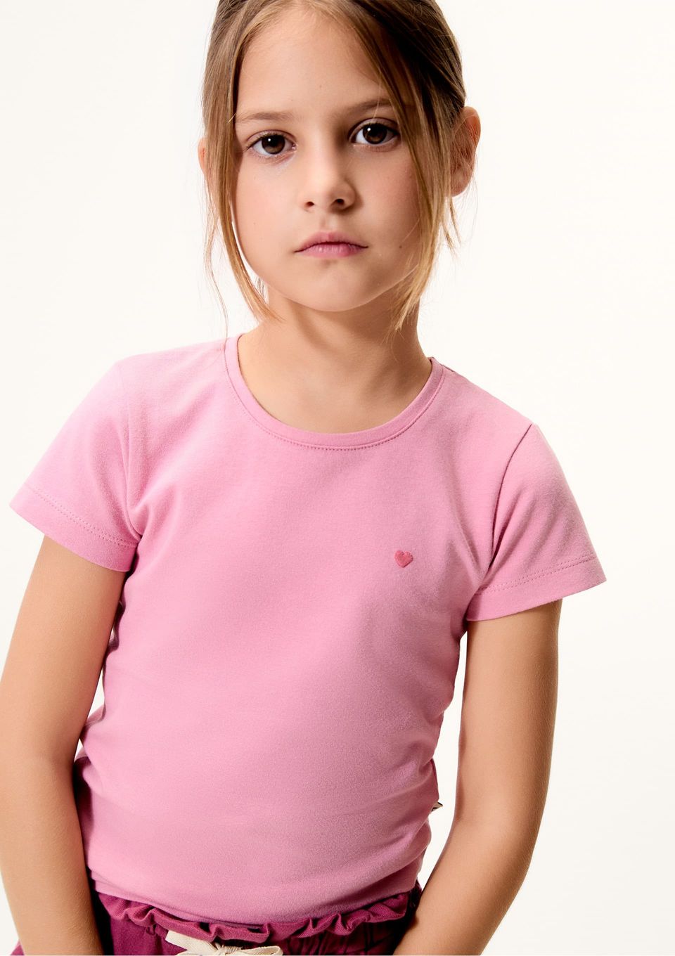 Blusa Básica Infantil Menina com Bordado Coração - Rosa