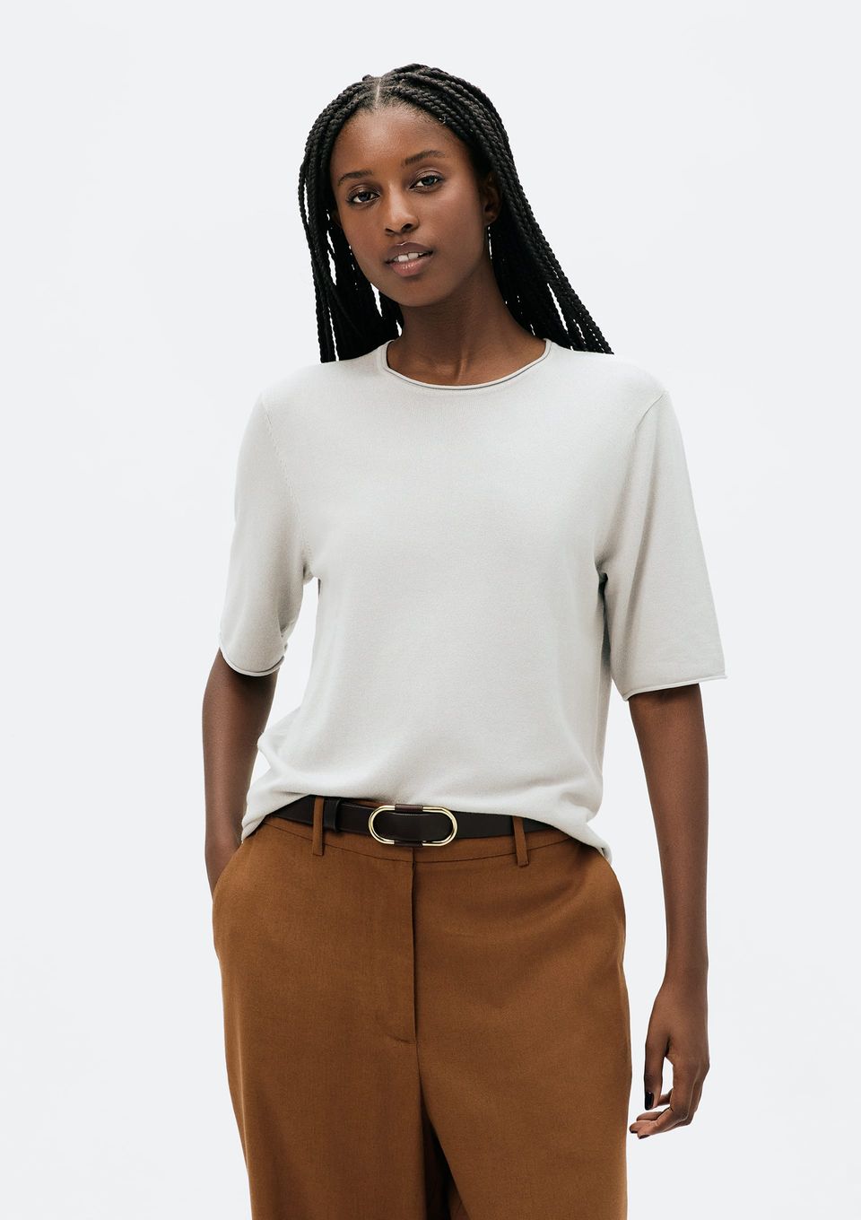 Blusa Feminina Manga Curta em Tricô Leve - Cinza
