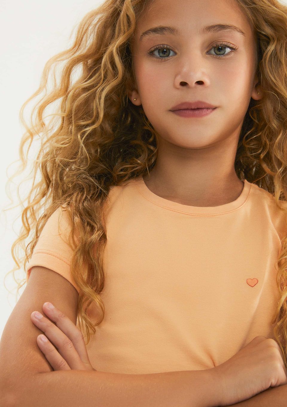Blusa Básica Infantil Menina com Bordado Coração - Laranja