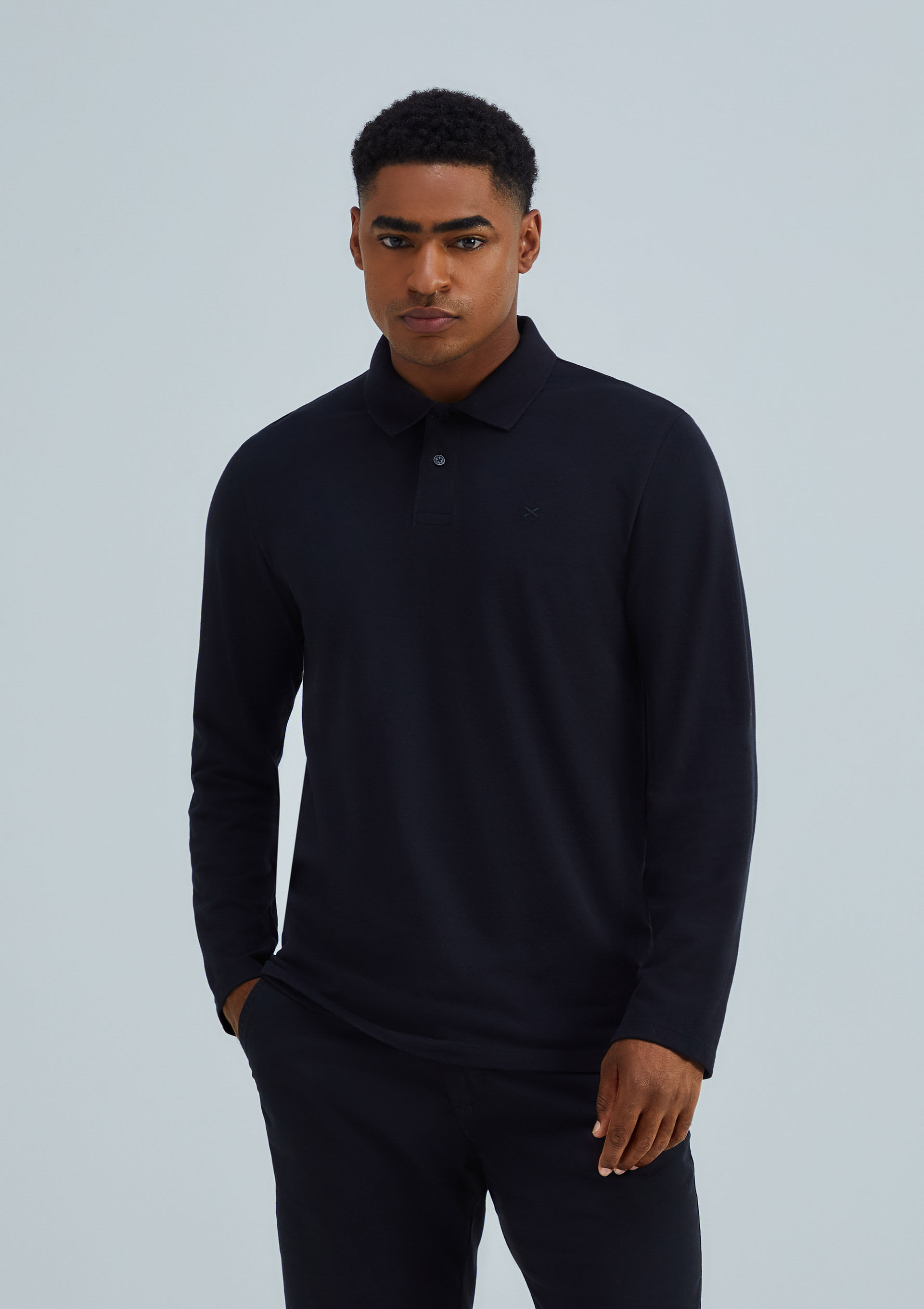 Camisa Polo Masculina Manga Longa Em Piquet - Preto